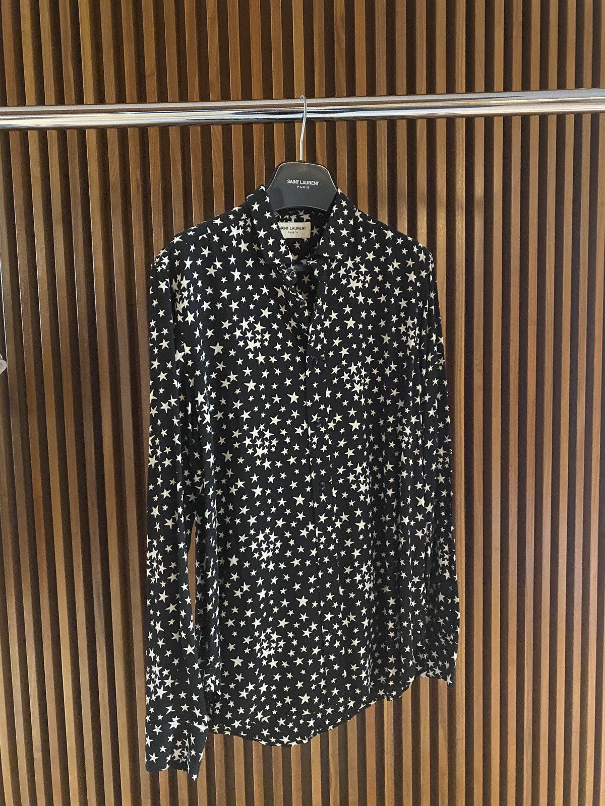 image of Saint Laurent Paris Iconic Star Silk Shirt in Black, Men's (Size Small)