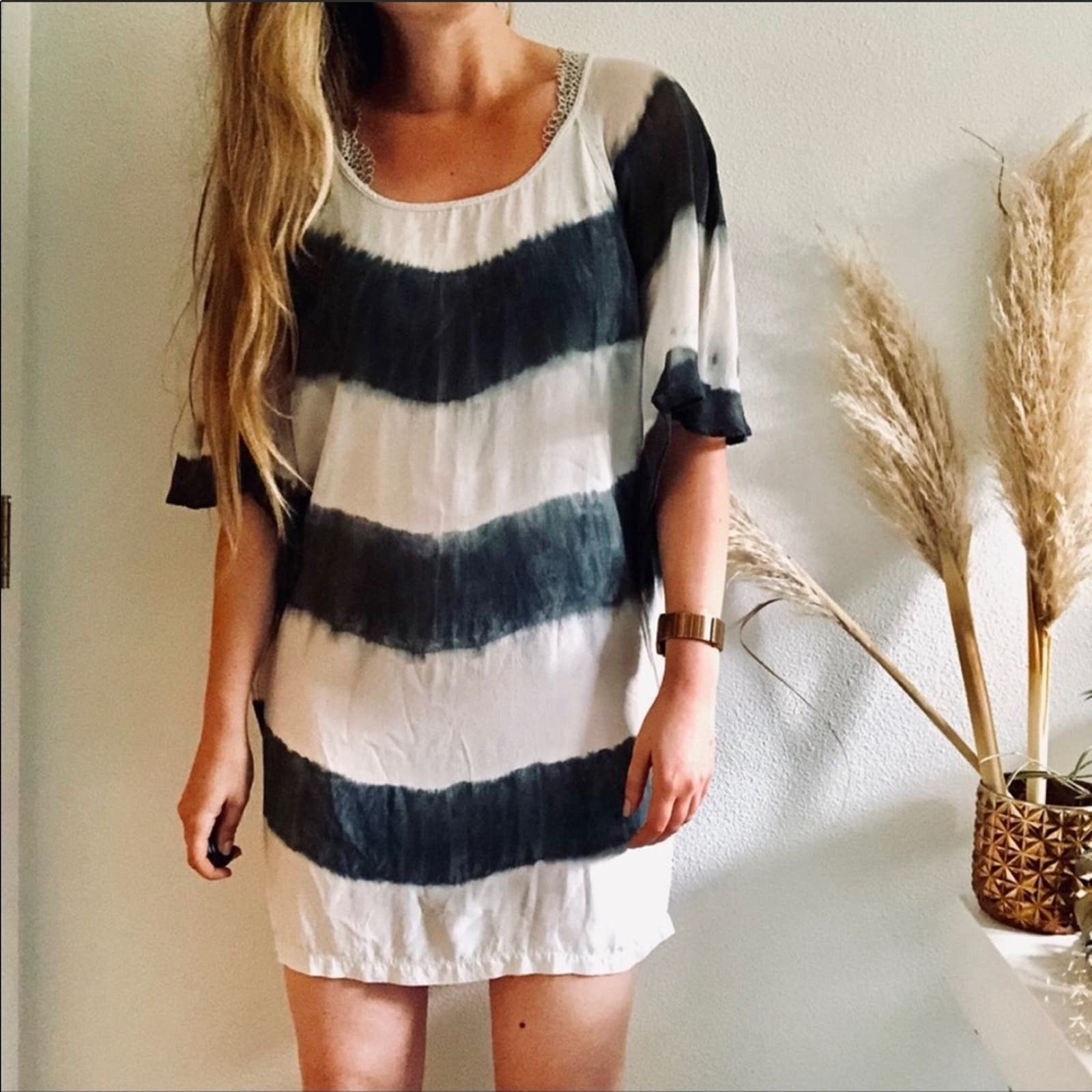 image of Gypsy 05 Revolve Navy Blue White Silk Dye Stripe Tunic Dress, Women's (Size Small)