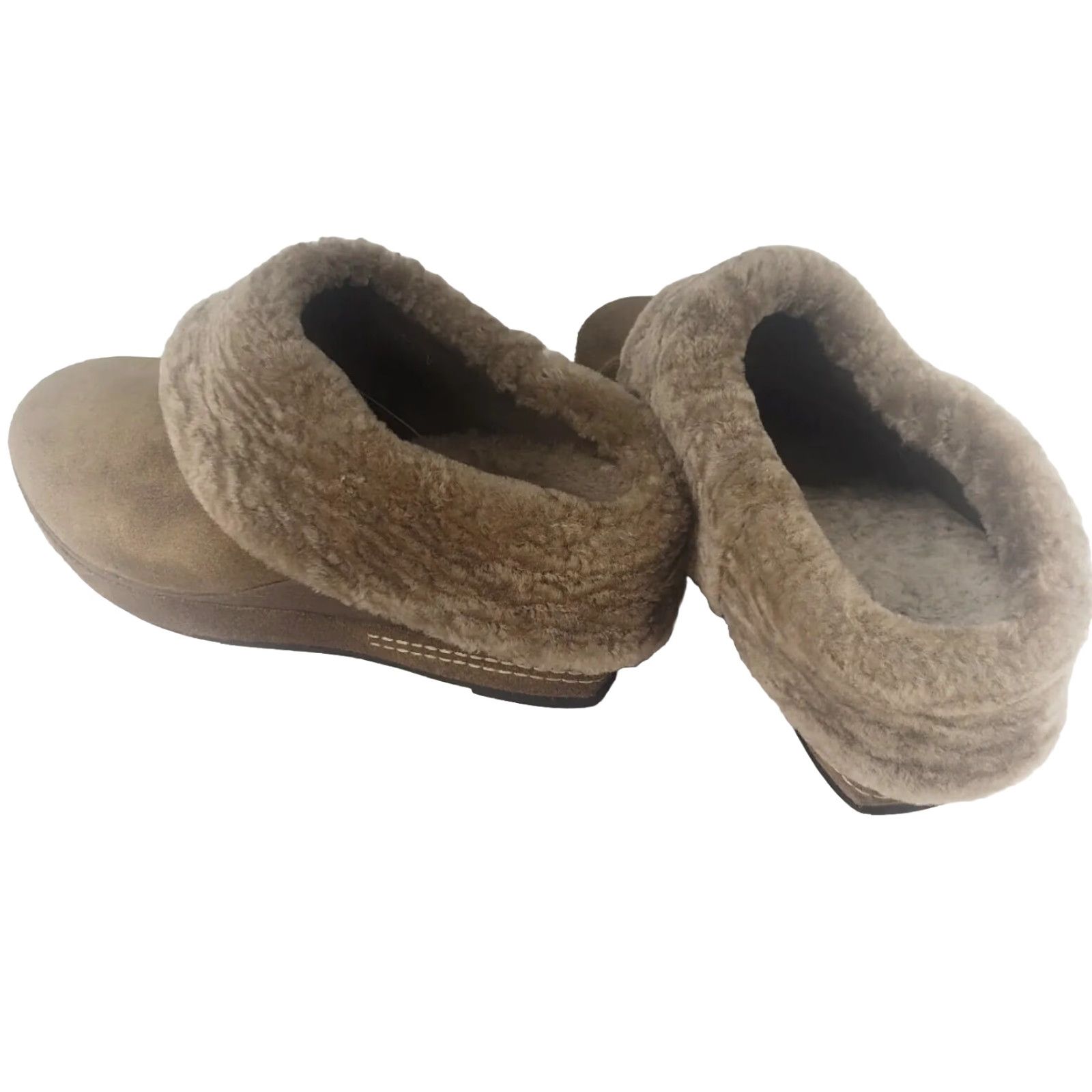Olive ANTEOLOPE COLLECTION Olive Brown SUEDE WEDGE CLOGS Slip On Fur Lined Trim Womens 8 EU39 Size US 8 / IT 38 - 5 Thumbnail