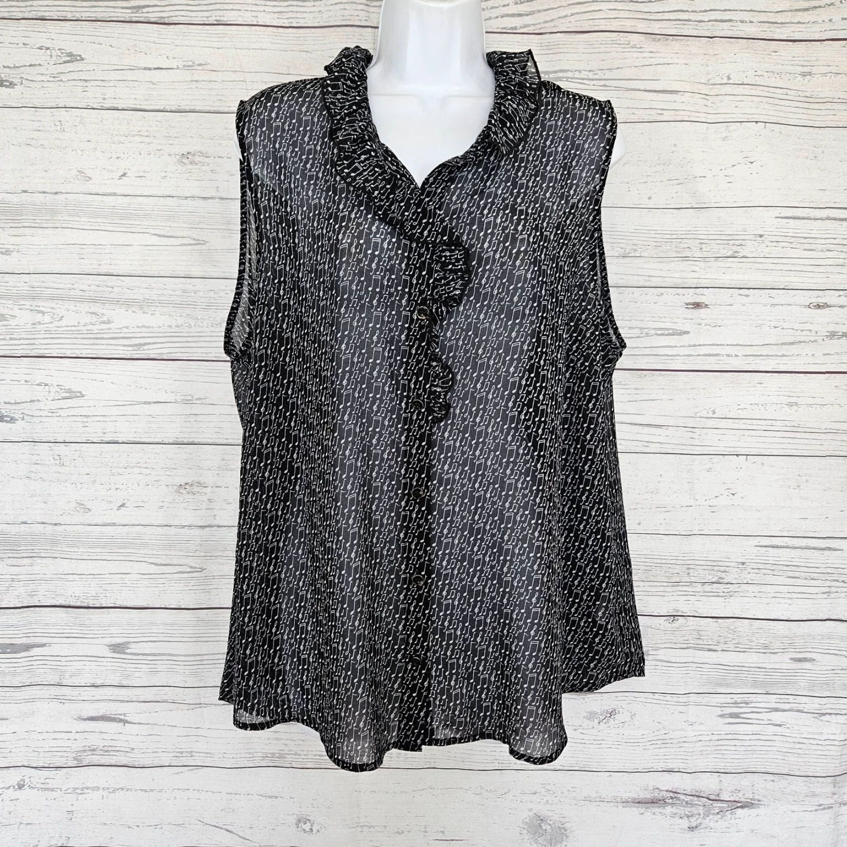Vintage Cabi 5913 Womens Sing Along Top Sz XL Black White Music Notes Semi Sheer Blouse Sleeveless Polyester Size XL / US 12-14 / IT 48-50 - 2 Thumbnail