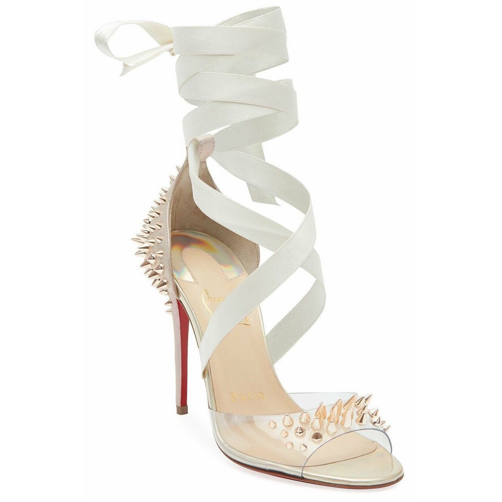 Christian Louboutin Barbarissima 100 Nude Gold PVC Lace Up Sandal Heel Pump 35.5 Size US 5.5 / IT 35.5 - 1 Thumbnail
