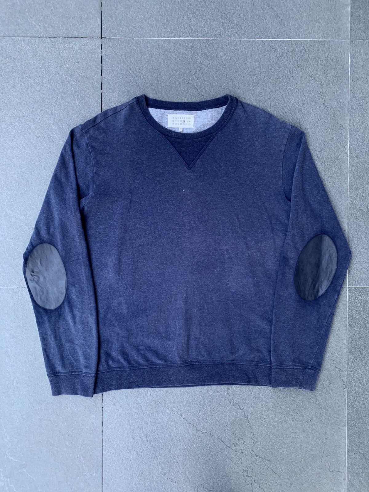image of Maison Margiela Line 14 Leather Elbow Patched Sweater in Navy, Men's (Size Medium)