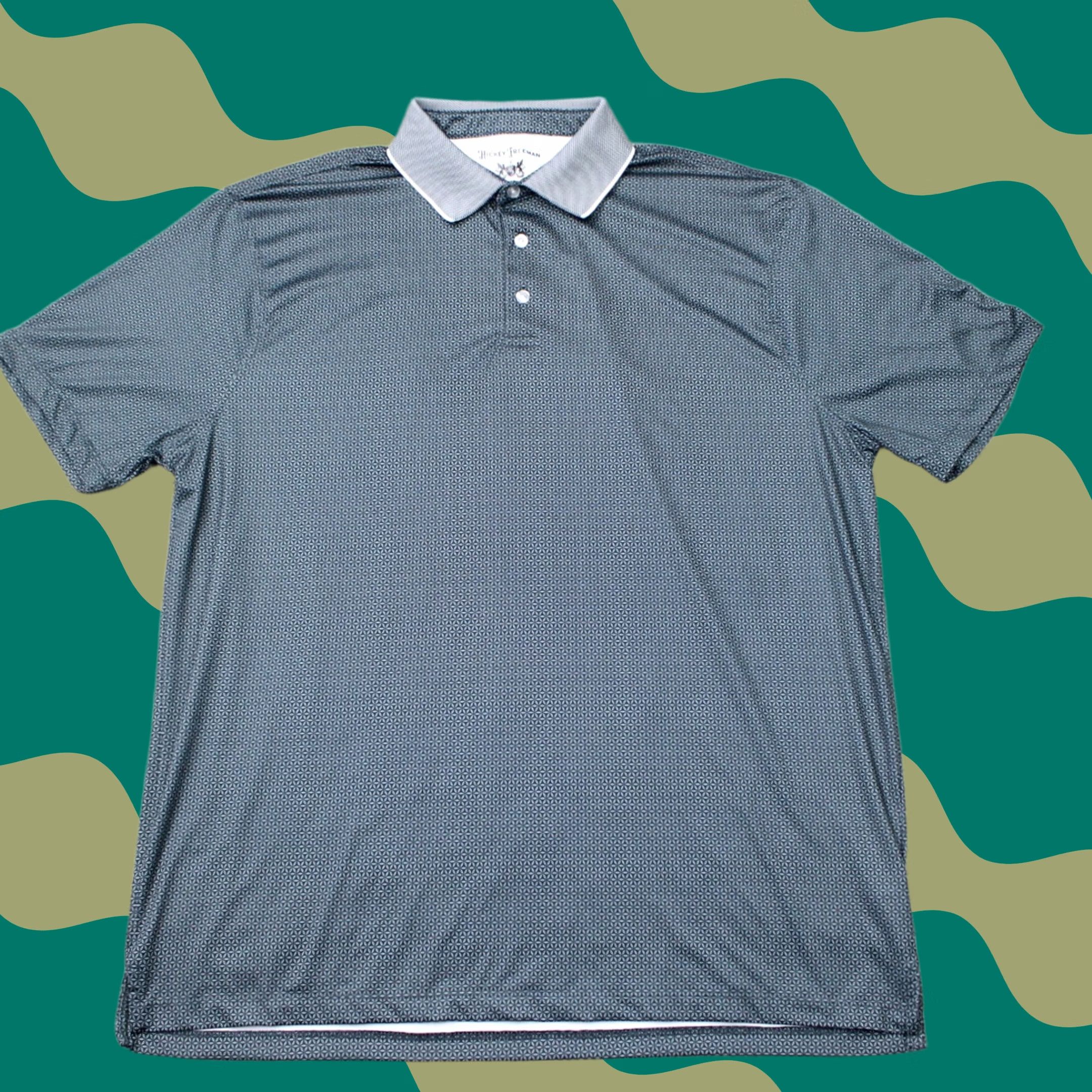 Vintage Hickey Freeman Polo Shirt Mens Large Gray Geometric Short Sleeve Polyester Spandex Lightweight Breathable Sports Golf Casual Size US L / EU 52-54 / 3 - 1 Thumbnail