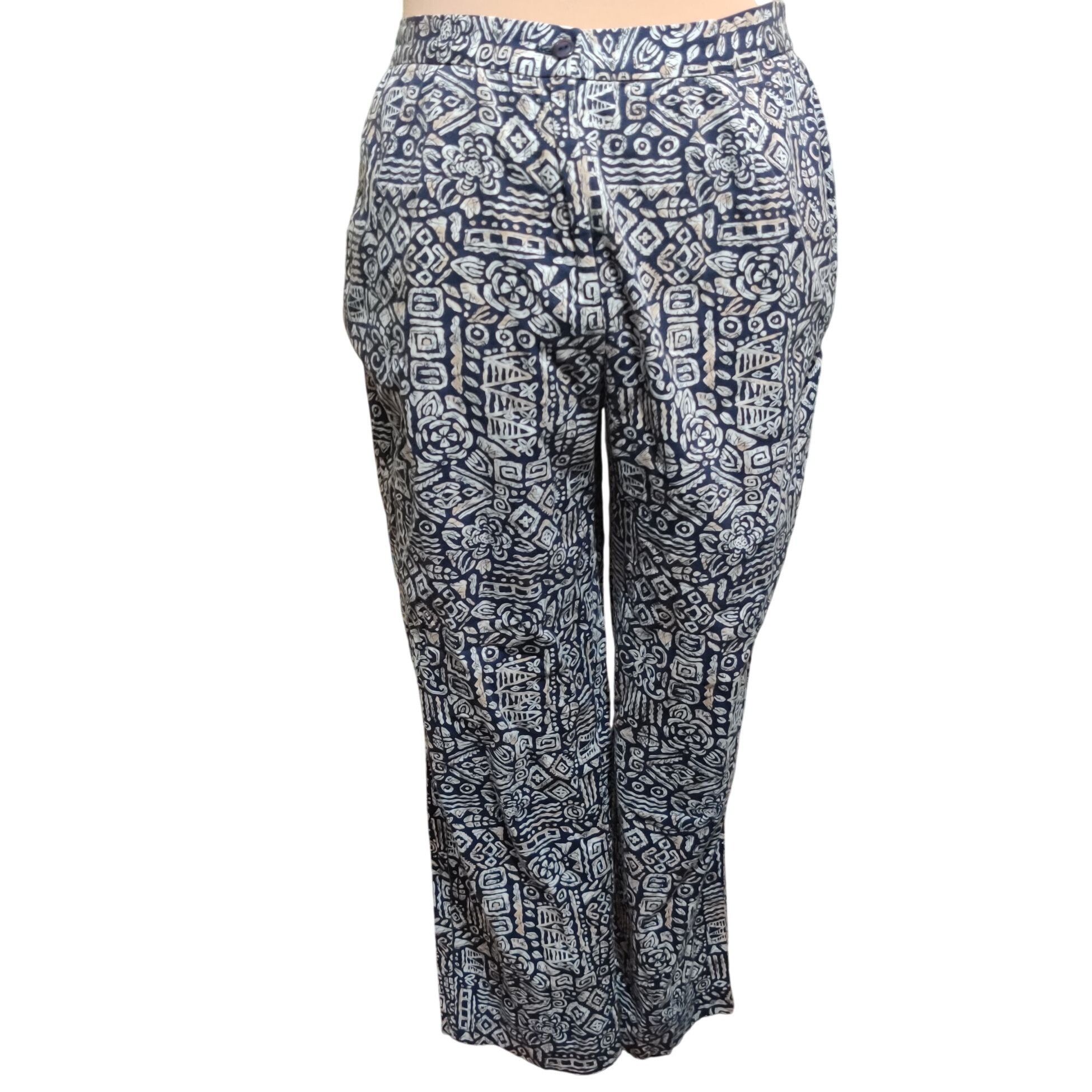 Other Appleseeds 14 Navy Tan Tribal Print Cotton Pants Tiki Oasis Size 36" / US 14 / IT 50 - 12 Thumbnail