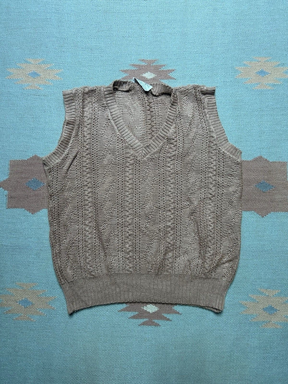 Vintage 70s acrylic knit sweater vest tan v neck pullover women’s XL Size XL / US 12-14 / IT 48-50 - 1 Thumbnail