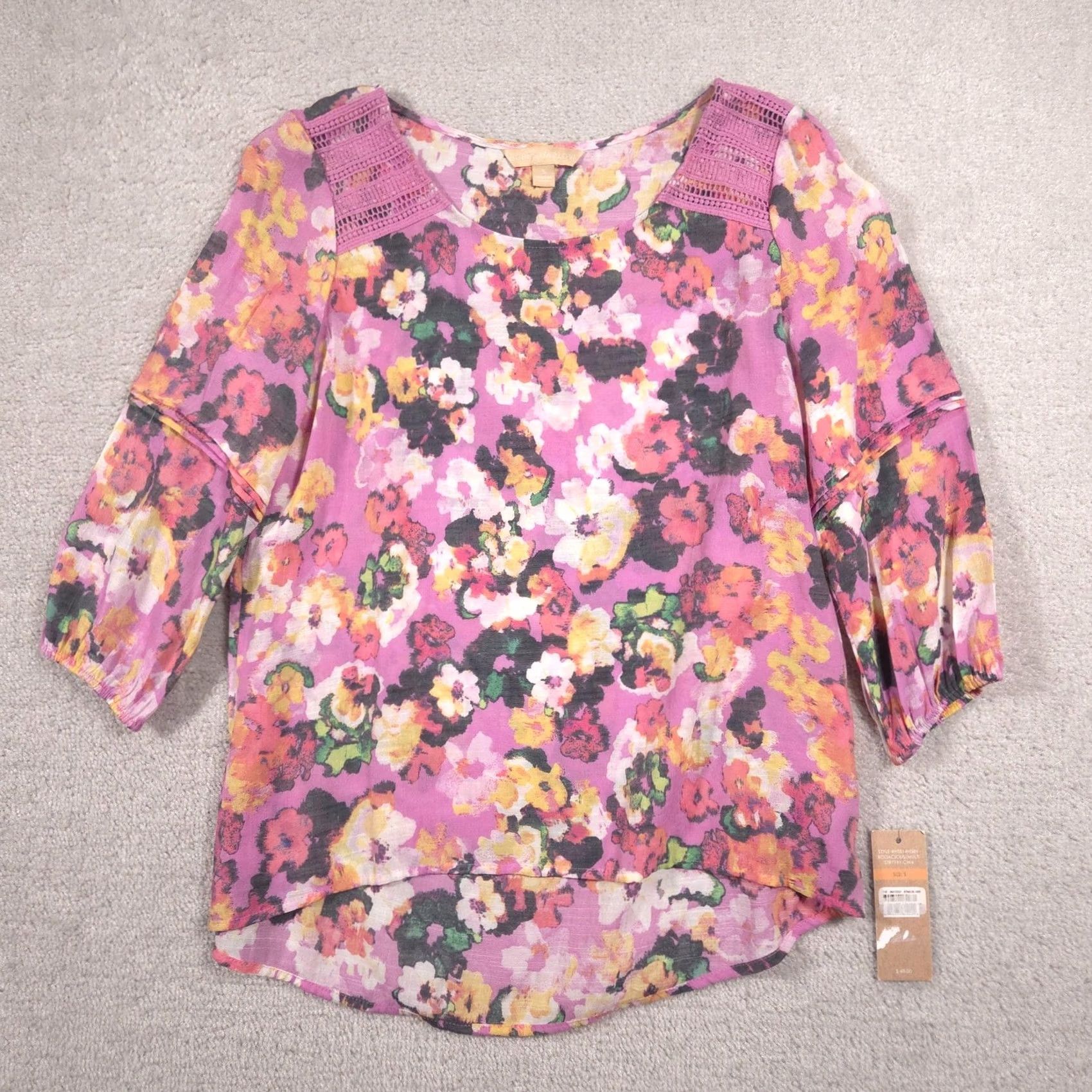 Hope Hope & Harlow Blouse Womens S Floral Crochet 3/4 Sleeve Tunic Top Sheer Pink Multicolor Floral Size S / US 4 / IT 40 - 2 Thumbnail