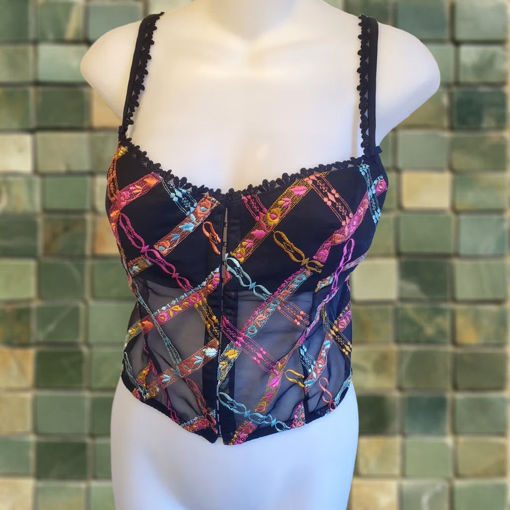 Vintage Mob Wife Embroidered Corset Camisol Womens Black Sheer Hook Loop S 30C Size S / US 4 / IT 40 - 1 Thumbnail