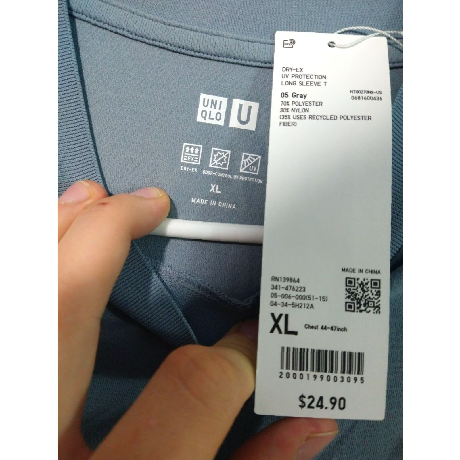 Uniqlo Uniqlo Shirt Mens XL Gray Dry Ex Crew Neck Long Sleeve UV Protection Size US XL / EU 56 / 4 - 5 Thumbnail