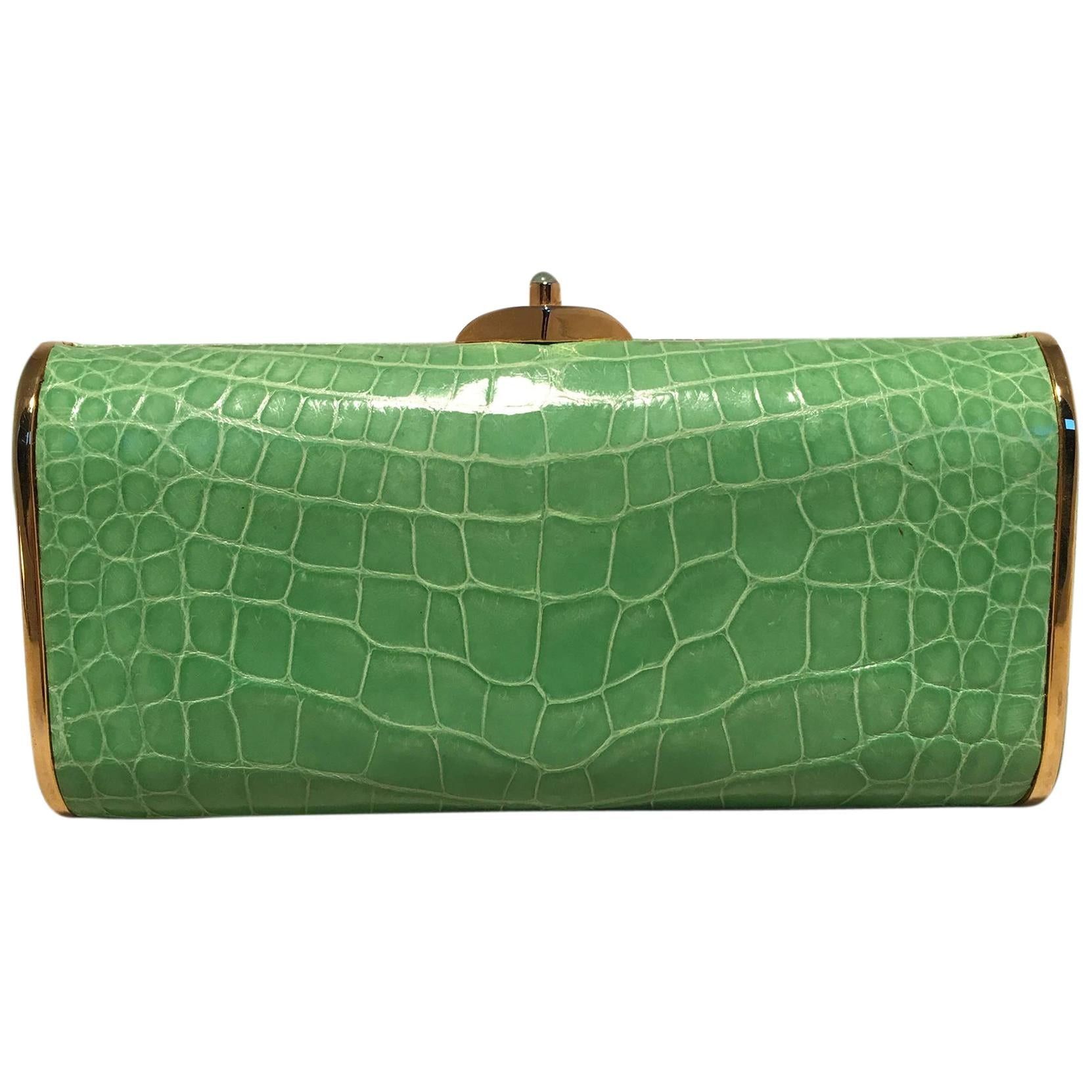 image of Judith Leiber Vintage Mini Green Alligator Clutch Minaudiere in Gold, Women's