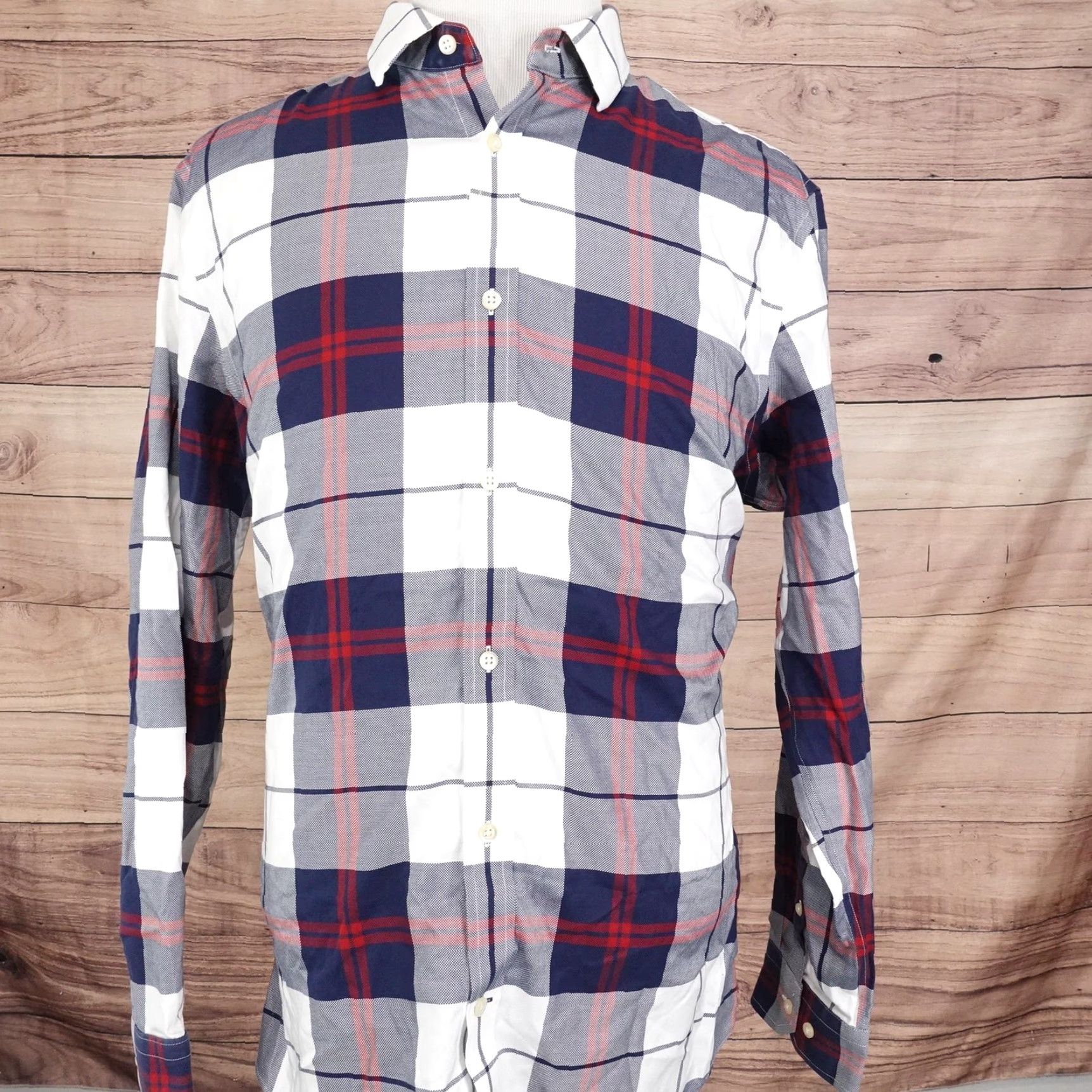 Banana Republic BANANA REPUBLIC Non-Iron Plaid Dress Shirt Mens XL Blue Gray Red Tailored Slim Fit Size US XL / EU 56 / 4 - 3 Thumbnail