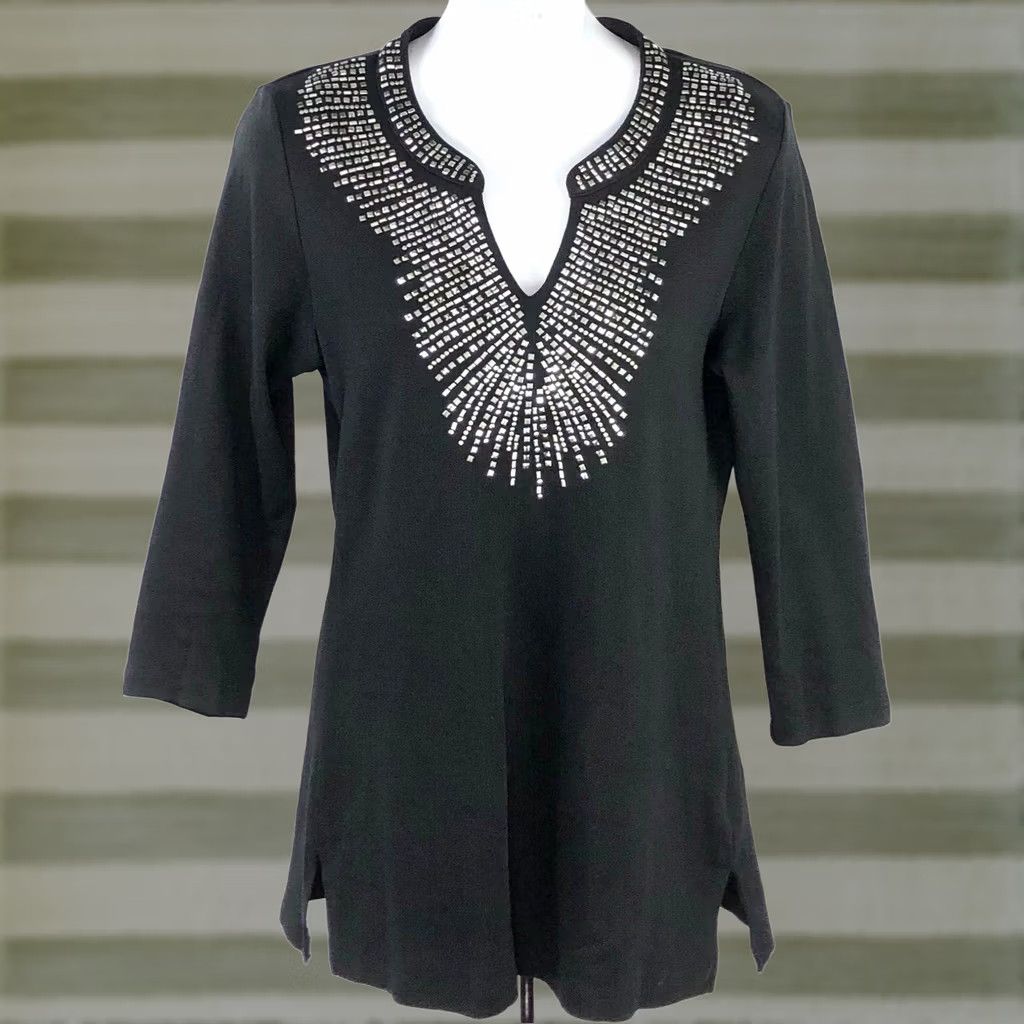 JM Collection JM Collection tunic top S Blk Stud Beaded V-Neck Longsleeve Metal Rock Gothic Size S / US 4 / IT 40 - 1 Thumbnail