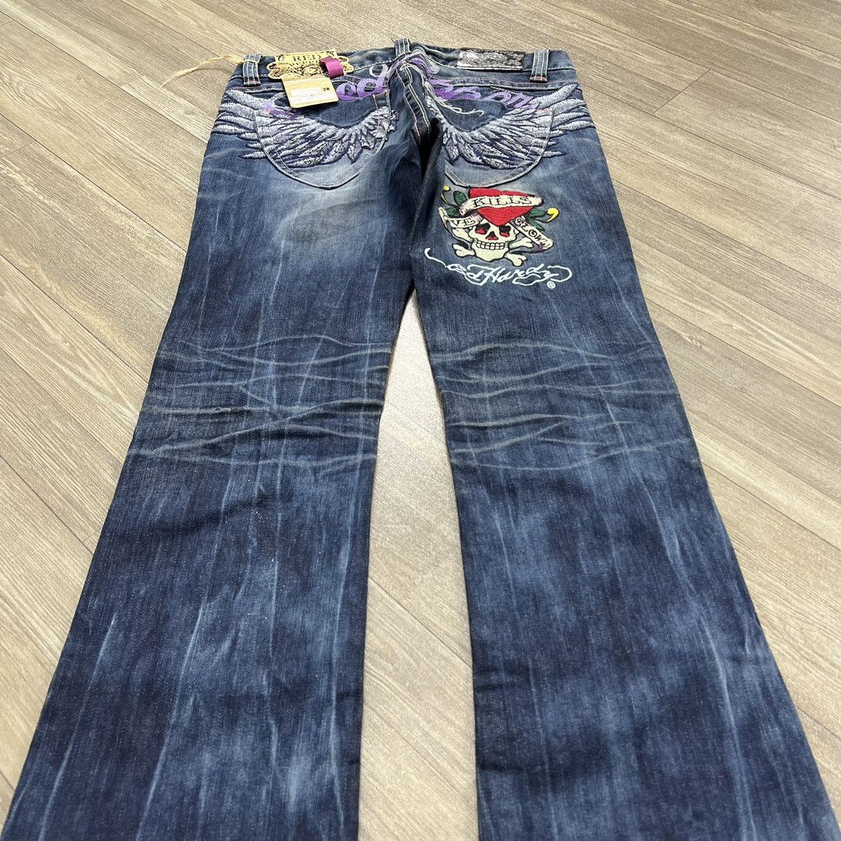 Ed Hardy Dead stock Y2K RedPepper x Ed Hardy Embroidery Flared Jeans Size 29" - 3 Thumbnail