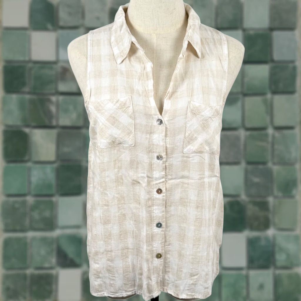 Vintage Just Living S Sleeveless Plaid Linen Blend Button Down Shirt Coastal Neutral GUC Size S / US 4 / IT 40 - 1 Thumbnail