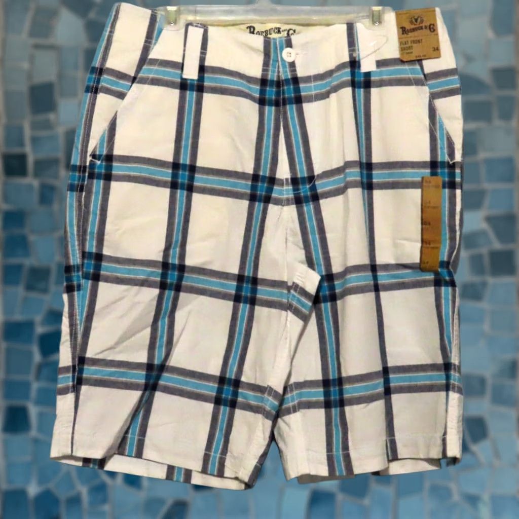 Vintage VINTAGE Roebuck & Co. Young Men's 34 Flat Front White Shorts Blue & Gray Striped NWT Size US 34 / EU 50 - 1 Thumbnail