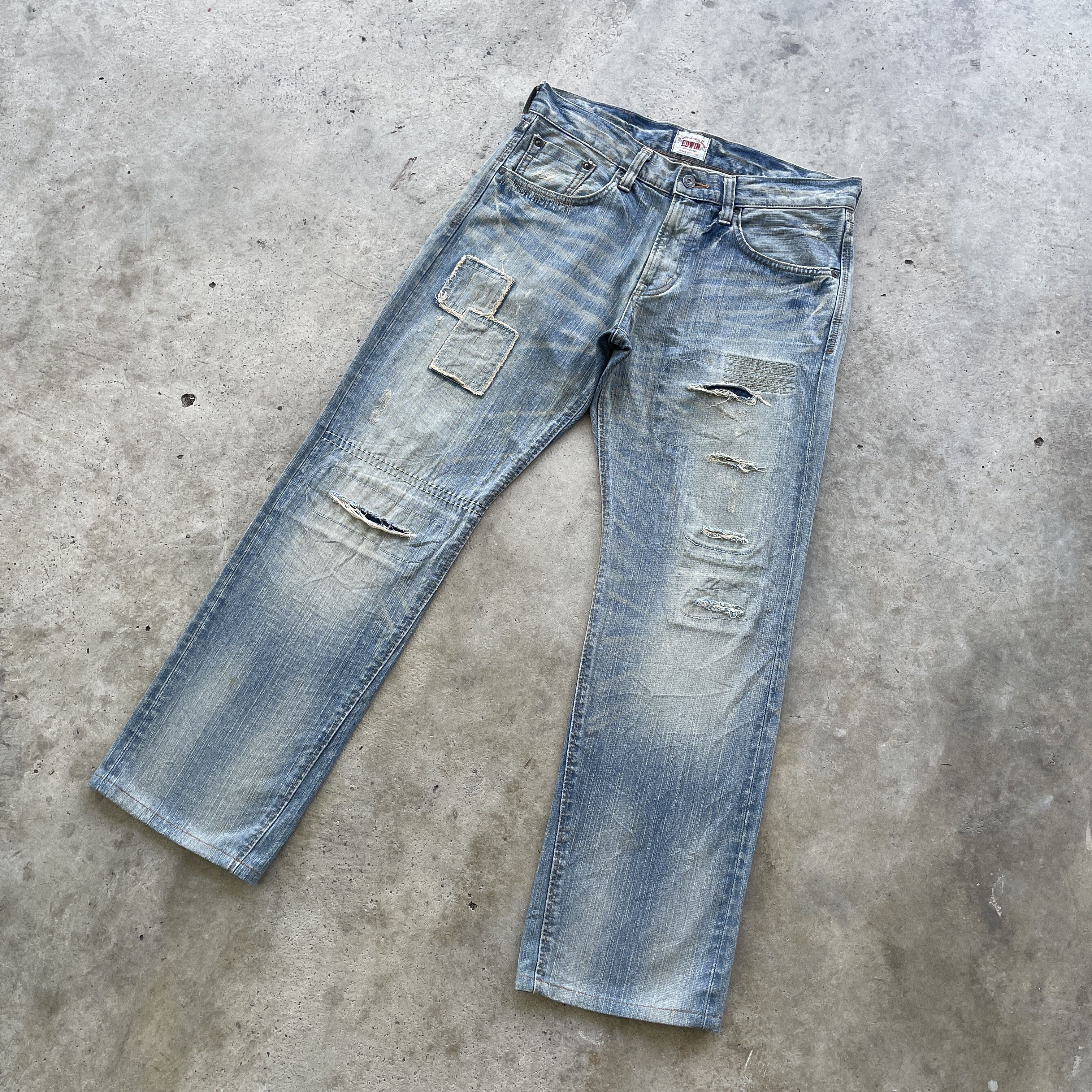 Edwin × Japanese Brand × Jean VINTAGE EDWIN MUDWASH PATCHWORK JEANS DISTRESSED PANTS FADED Size US 33 - 1 Thumbnail