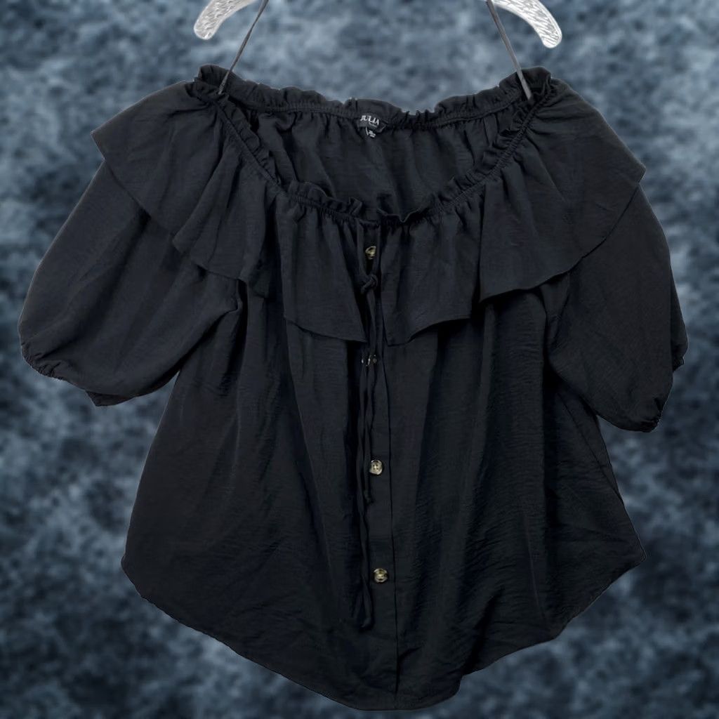 Vintage Julia by Love J Womens Blouse 2X Black Off Shoulder 1/2 Sleeve Ruffled Chiffon Casual Cute Hippie 90s Festival Party Womens Size XXL / US 16-18 / IT 52-54 - 1 Thumbnail