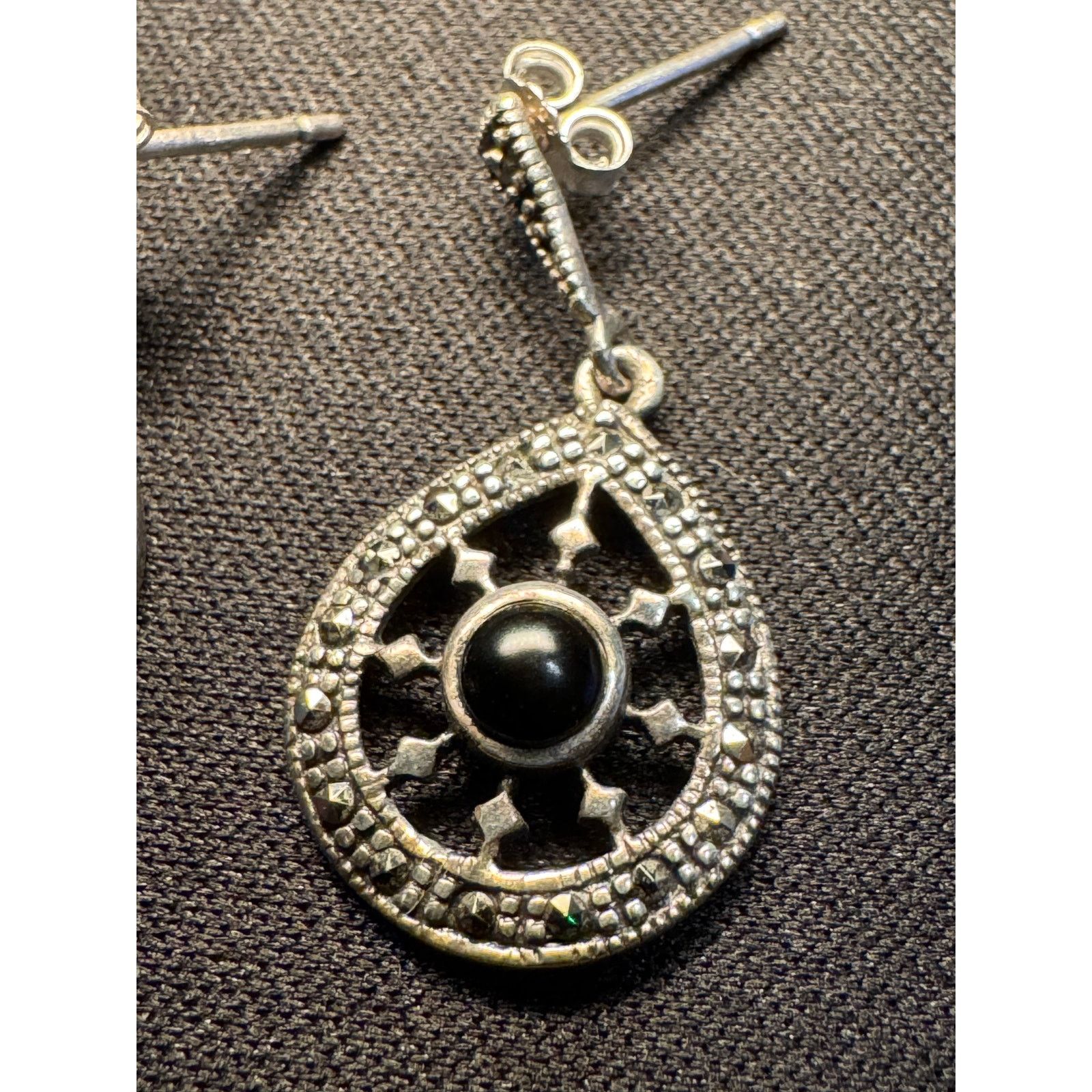 Other Vintage Sterling Silver Marcasite & Onyx Post Earrings Size ONE SIZE - 2 Thumbnail