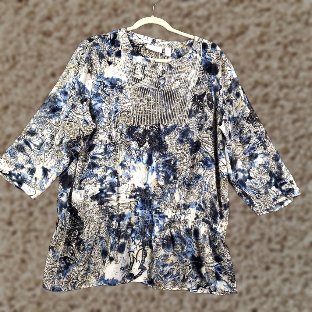 Vintage Chicos Blouse Shirt Womens L White Blue Sequin Neck Embellished V-Neck Pullover Casual Party Cocktail Tunic Size L / US 10 / IT 46 - 1 Thumbnail