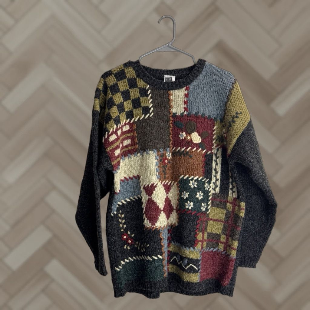 VINTAGE Lisa Belleza Floral Sweater One Size Patch Work Style Women L Multicolor Pullover