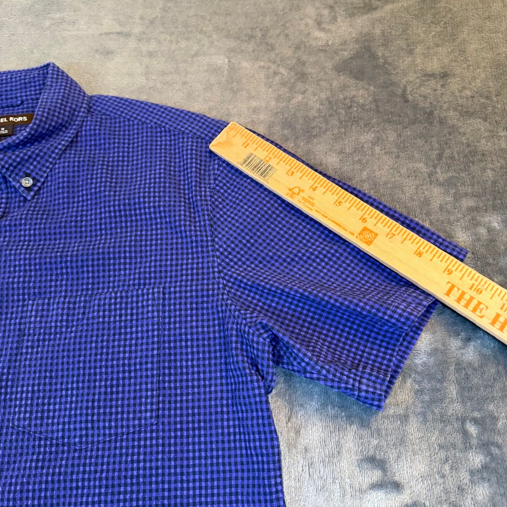 Michael Kors Michael Kors Slim Fit Mens Medium Short Sleeve Button-Up Shirt Purple Seersucker Check Pattern Size US M / EU 48-50 / 2 - 7 Thumbnail