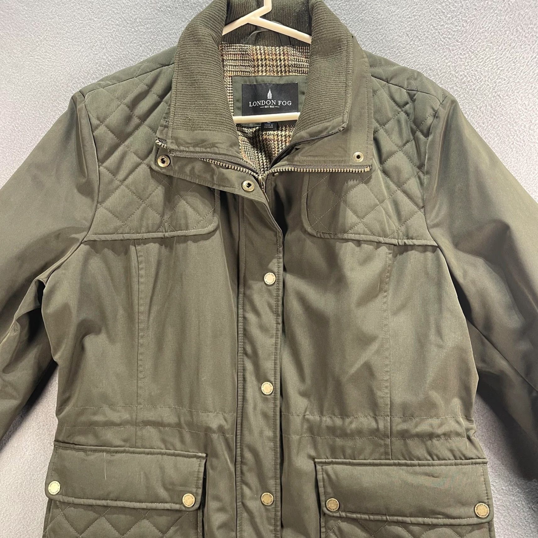 London Fog London Fog Jacket Womens Large Olive Green Quilted Utility Pockets Plaid Lining Size L / US 10 / IT 46 - 2 Thumbnail