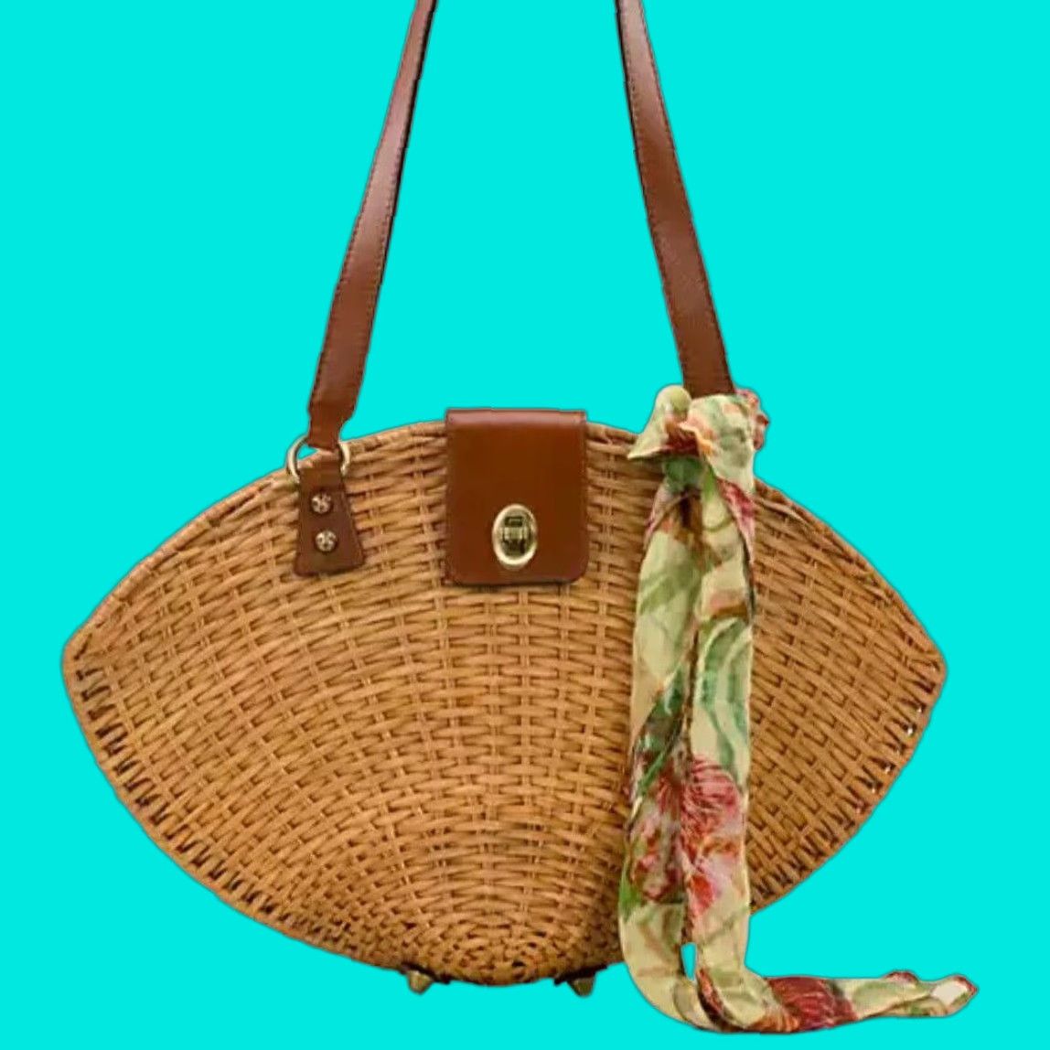 Patricia Nash Mare Shell Wicker Rattan Shoulder Bag Large Natural With Scarf & Dust Bag Womens