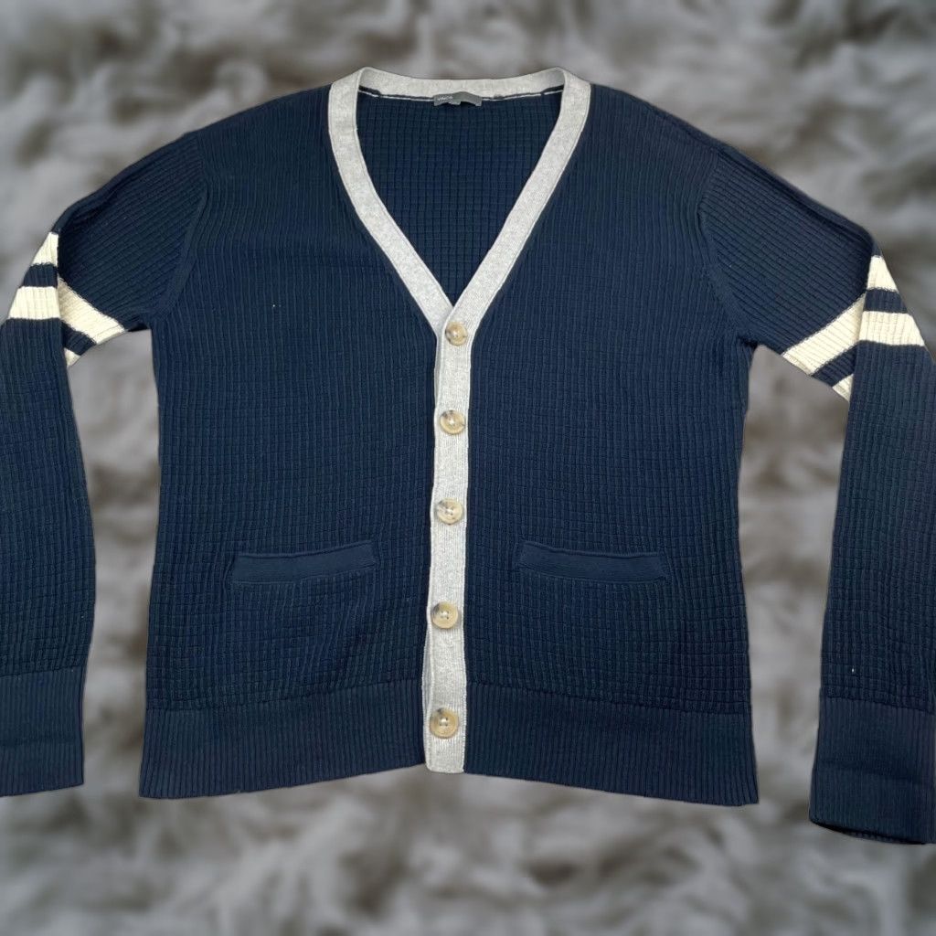 Vince Vince Men’s Cardigan Sweater XL Long Sleeve V-Neck Blue Gray Ivory Stripe Knit Size US XL / EU 56 / 4 - 1 Thumbnail