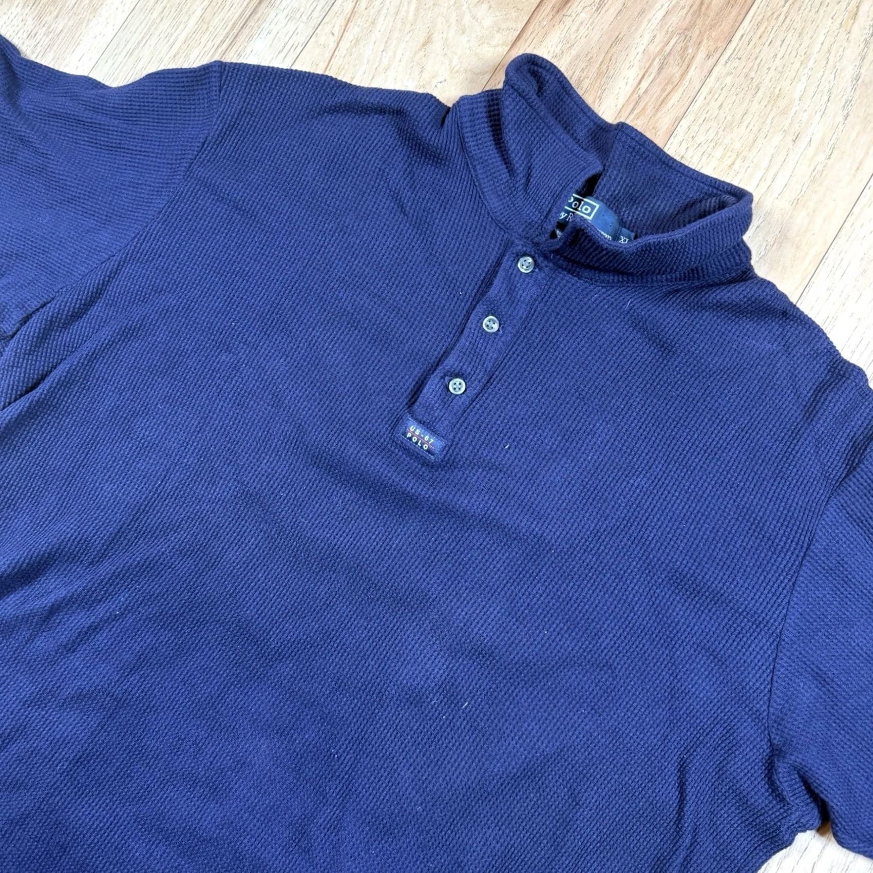 Ralph Lauren VINTAGE Ralph Lauren Polo Shirt Polo Mens XL Blue Waffle Knit Logo IS-67 Size US XL / EU 56 / 4 - 2 Thumbnail