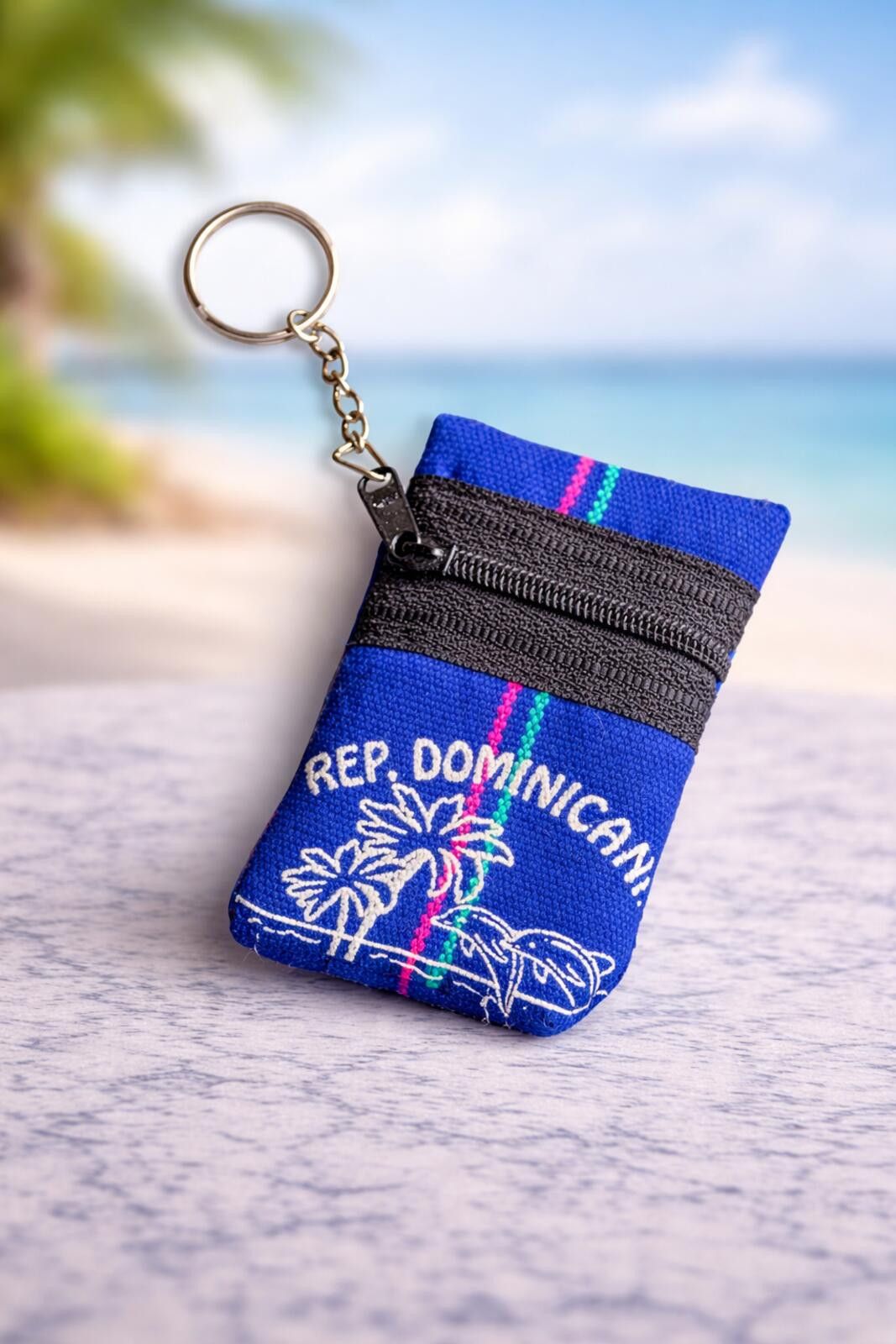 The Unbranded Brand Rep. Dominicana Blue Fabric Keychain Coin Purse Tropical Zip Size ONE SIZE - 1 Thumbnail