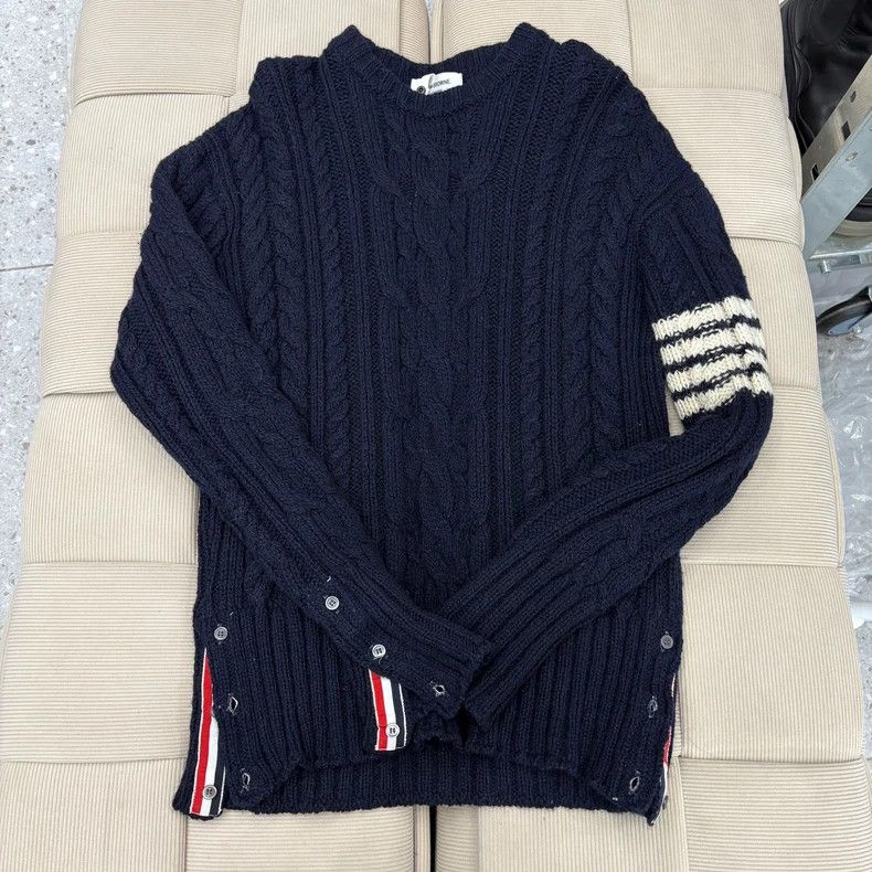 Thom Browne size3 Blue four stripe wool round neck sweater