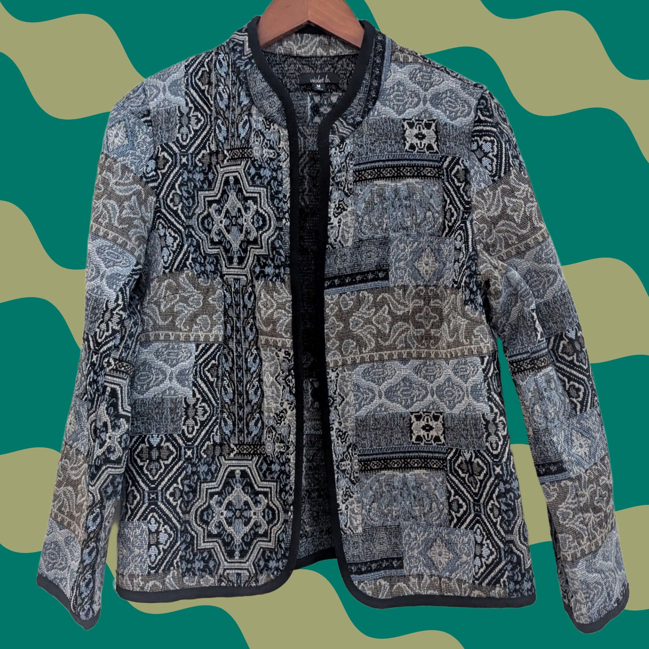 Vintage Violet B Patchwork Tapestry Collarless Open Front Jacket Blue Grey Women's Sz M Size M / US 6-8 / IT 42-44 - 1 Thumbnail