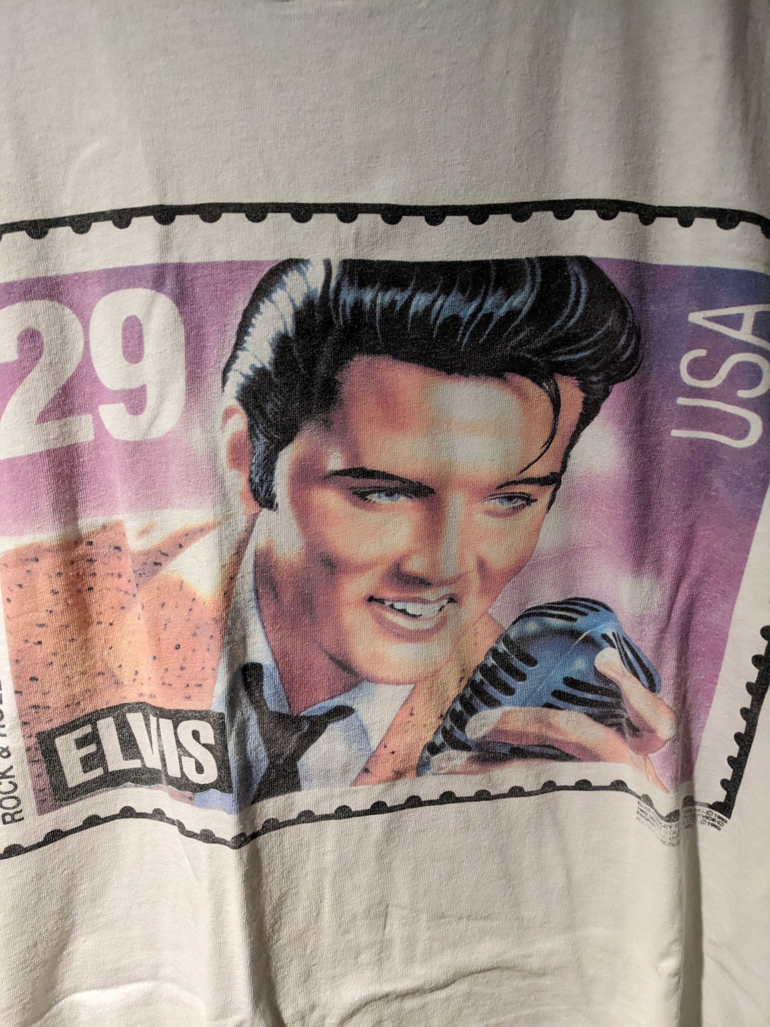 Band Tees × Vintage Vintage 1992 Elvis Presley Rock and Roll Stamp T-Shirt Size US XL / EU 56 / 4 - 2 Thumbnail