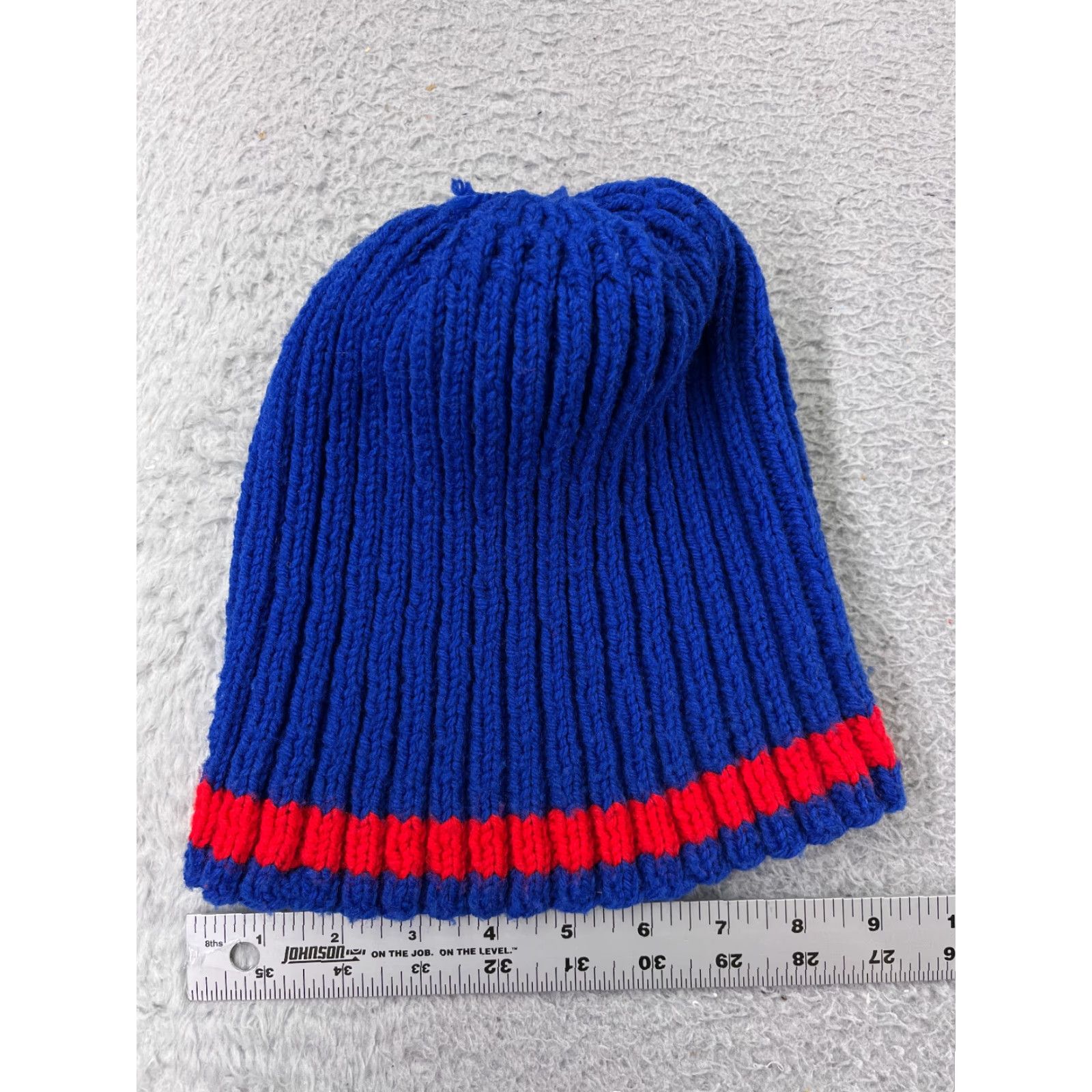 Vintage Beanie Toque Adult One Size Blue Red Knit Snow Ski Polyester Blend Pom Size ONE SIZE - 5 Thumbnail