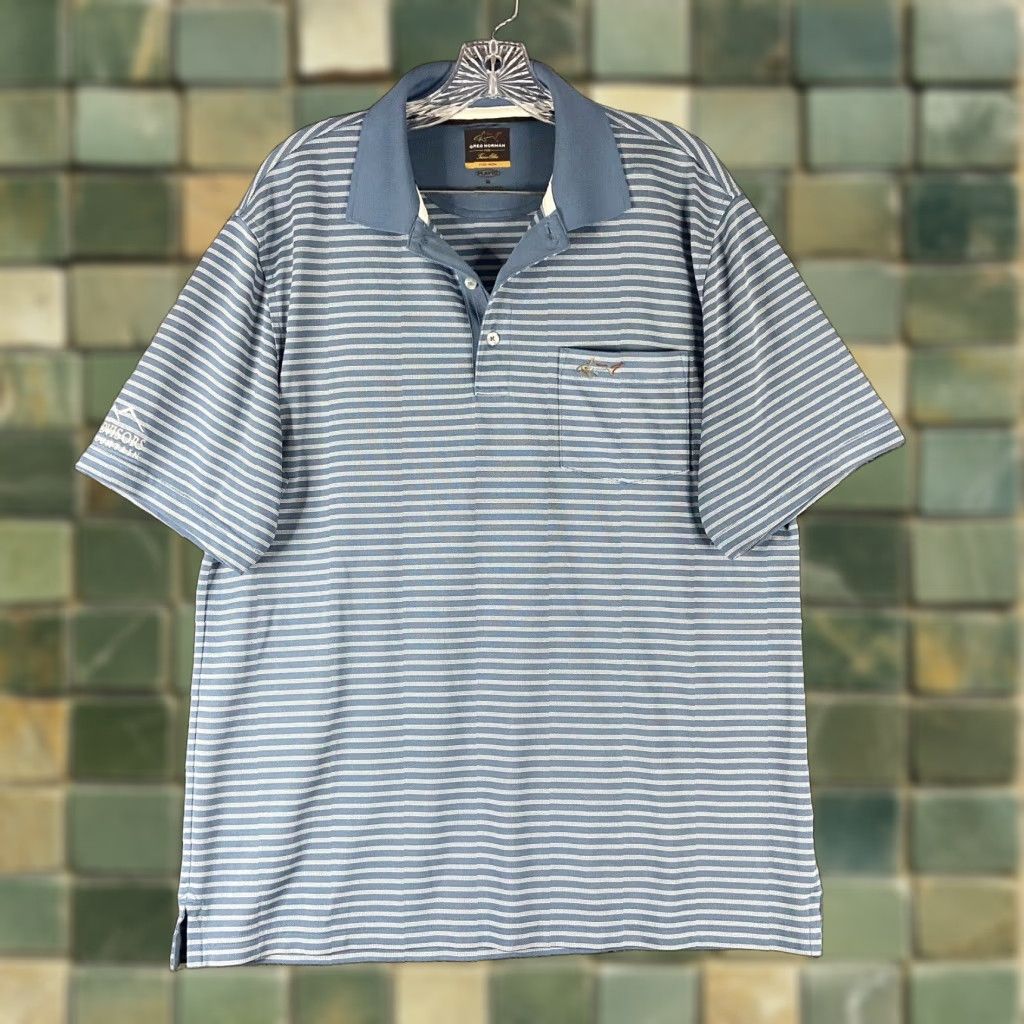Vintage GREG NORMAN Play Dry Five Iron Polo Shirt Men M Blue Striped Polo M Mens Size US M / EU 48-50 / 2 - 1 Thumbnail