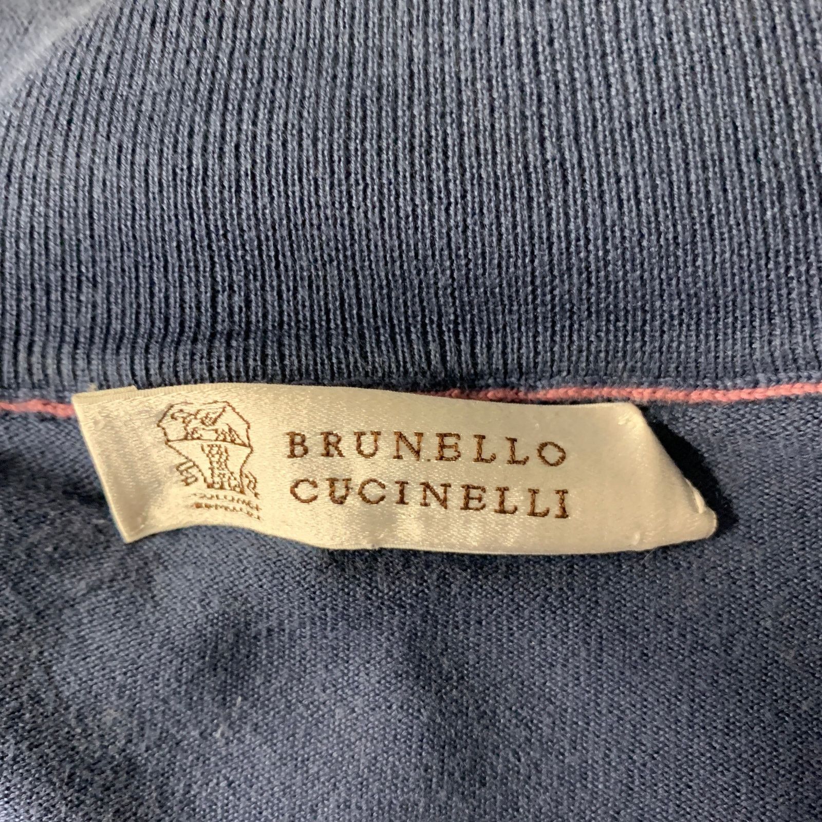 Brunello Cucinelli BRUNELLO CUCINELLI Navy Grey Cotton Zip Mock Neck Sweater Size US L / EU 52-54 / 3 - 6 Thumbnail