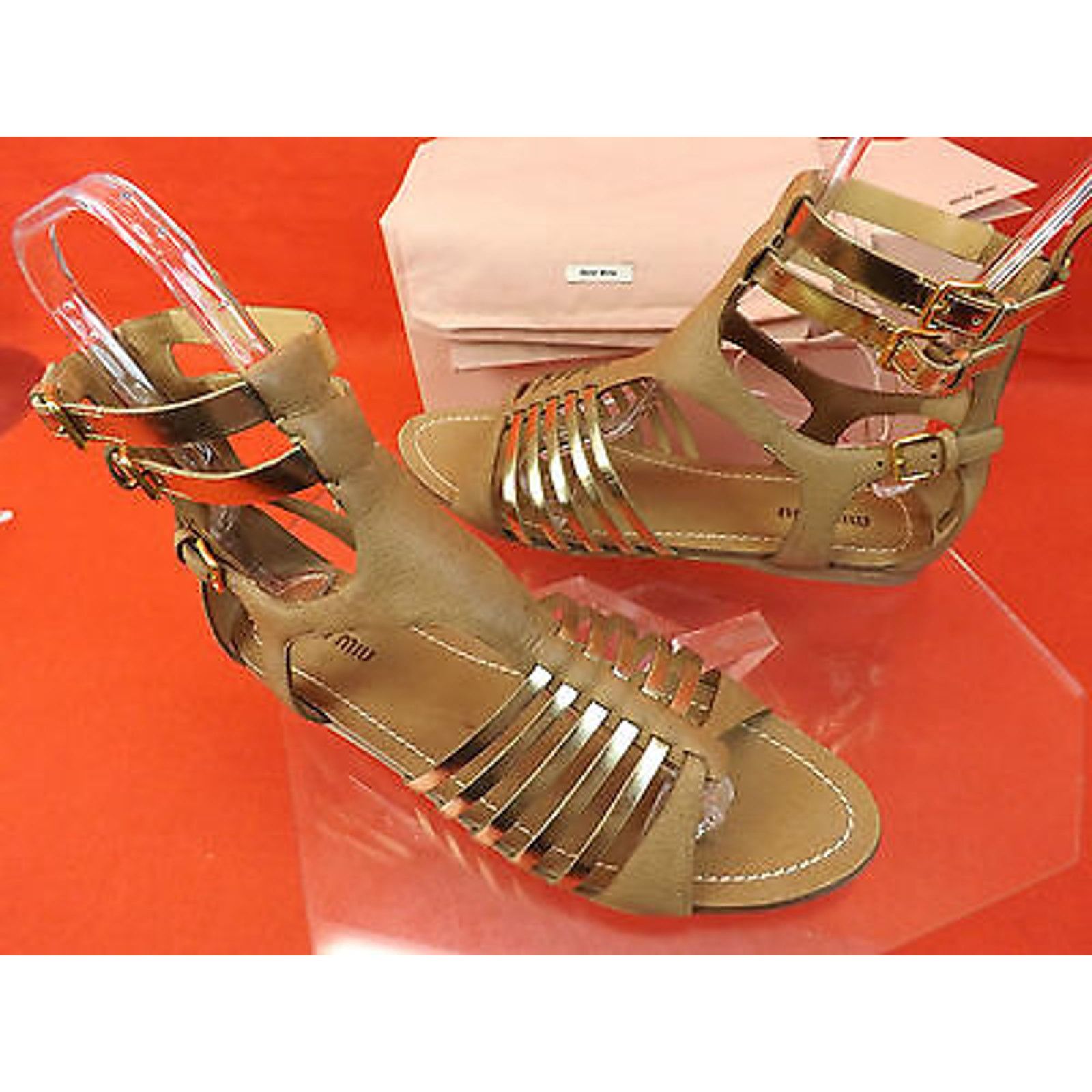 Miu Miu CAMEL GOLD LEATHER BACK ZIP GLADIATOR FLATS SANDALS 35.5 Size US 5.5 / IT 35.5 - 10 Thumbnail