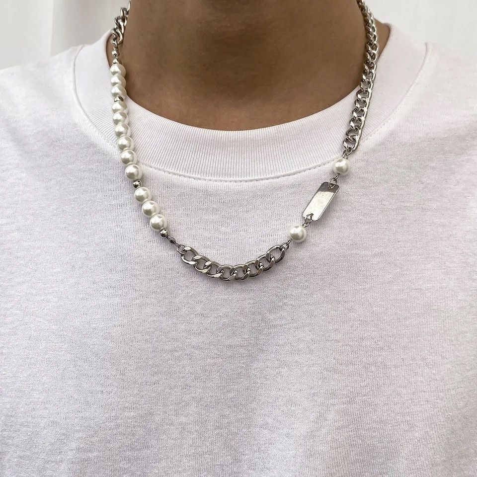 Jewelry x Vintage Pearl Necklace Chain Y2K Vintage Style in Silver, Men's