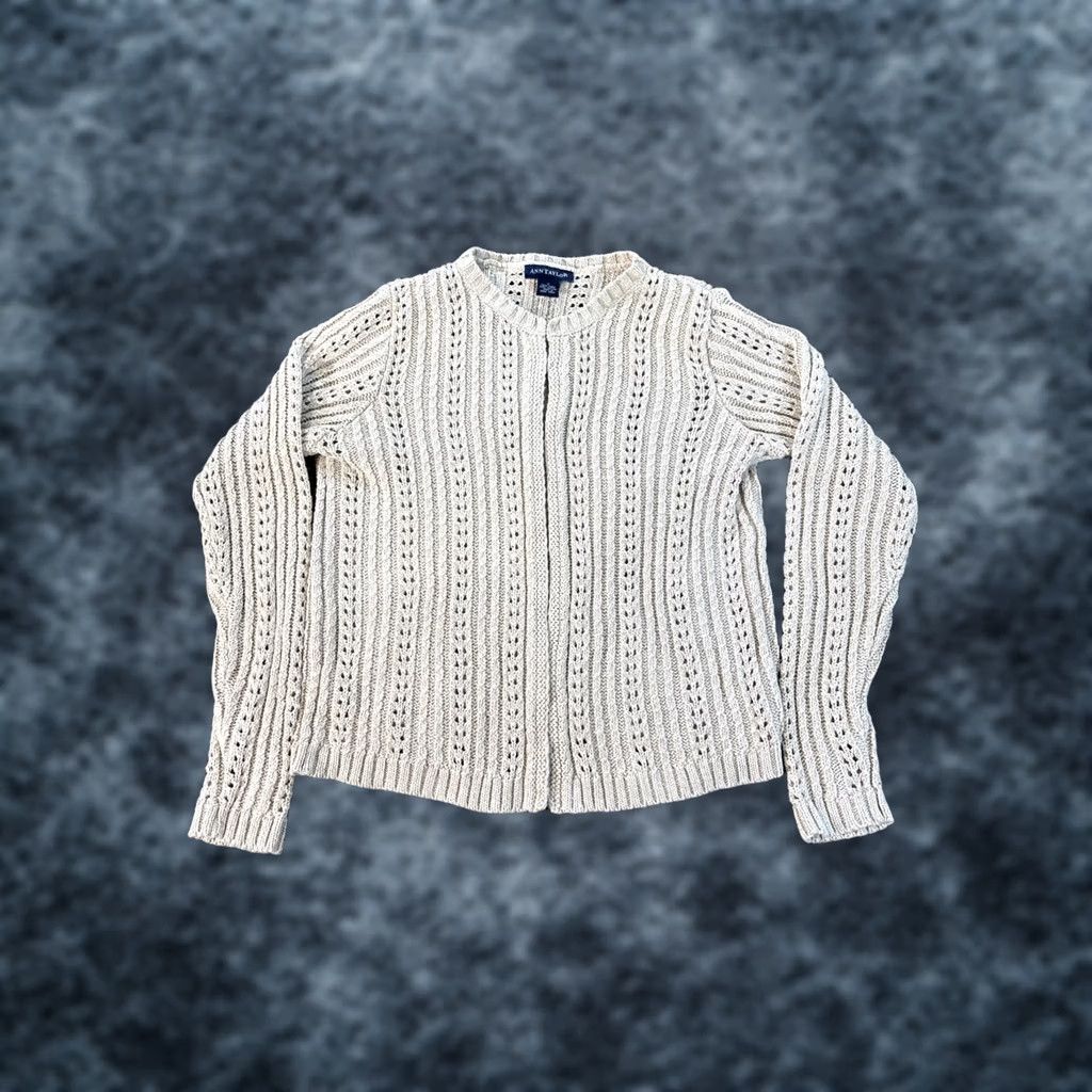 Ann Taylor VINTAGE Ann Taylor Cardigan Sweater Womens Small Ivory Linen Open Knit 90s Crew Neck Long Sleeve Knit Open-Knit S Women Size S / US 4 / IT 40 - 1 Thumbnail