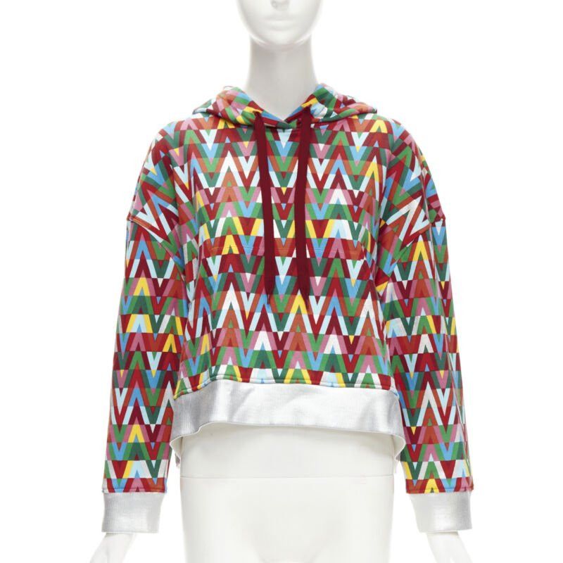 Valentino VALENTINO V Optical graphic logo silver foil oversized cropped cotton hoodie S Size S / US 4 / IT 40 - 1 Thumbnail
