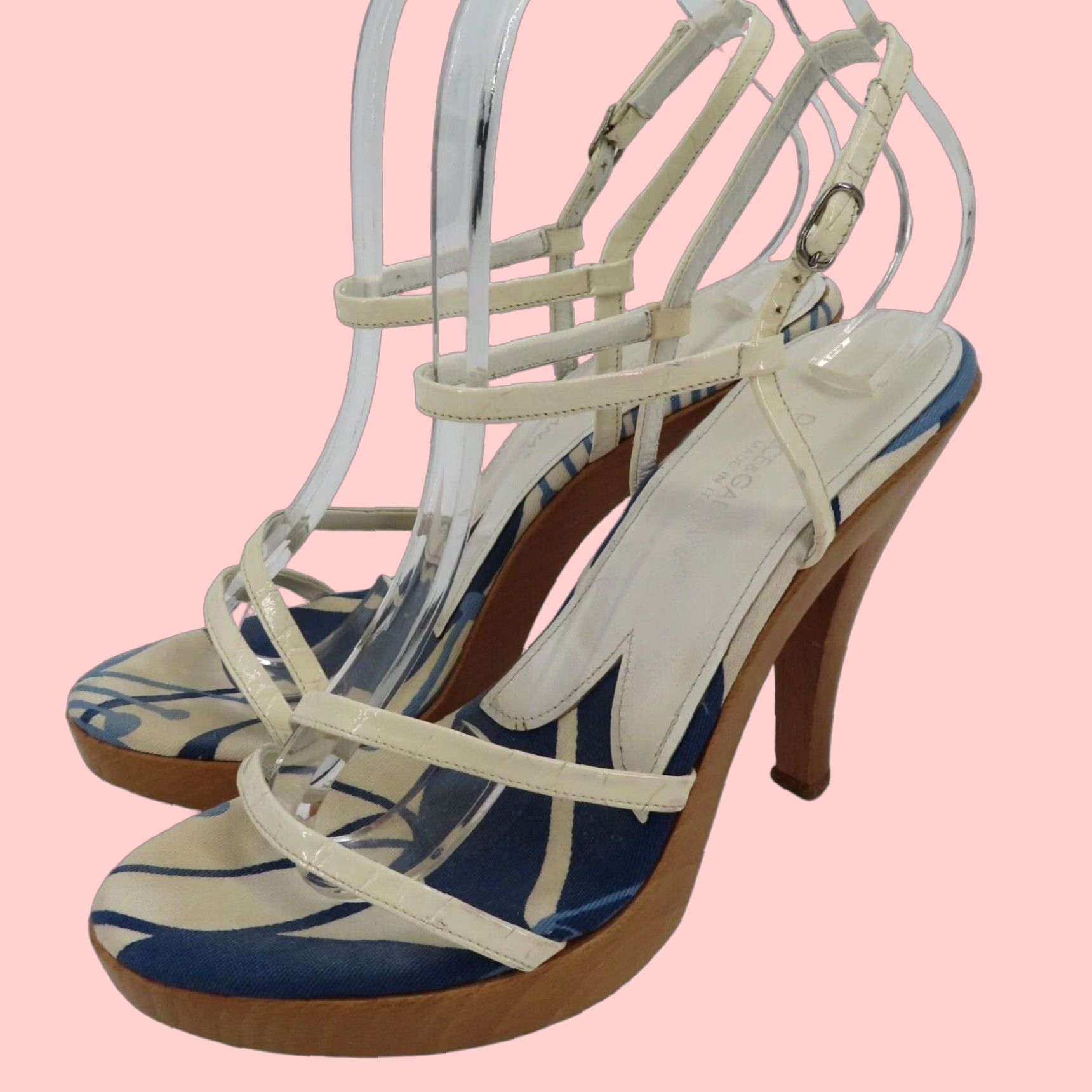 Dolce Gabbana 38 Eu 8 Us Patent Strappy Wood Platform Heel Shoes Sandals Italy, Women's