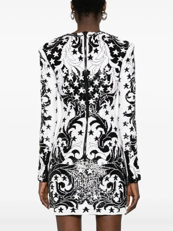 Balmain o1s1wg110825 Sequinned Mini Dress in Black/White Size XL / US 12-14 / IT 48-50 - 4 Thumbnail