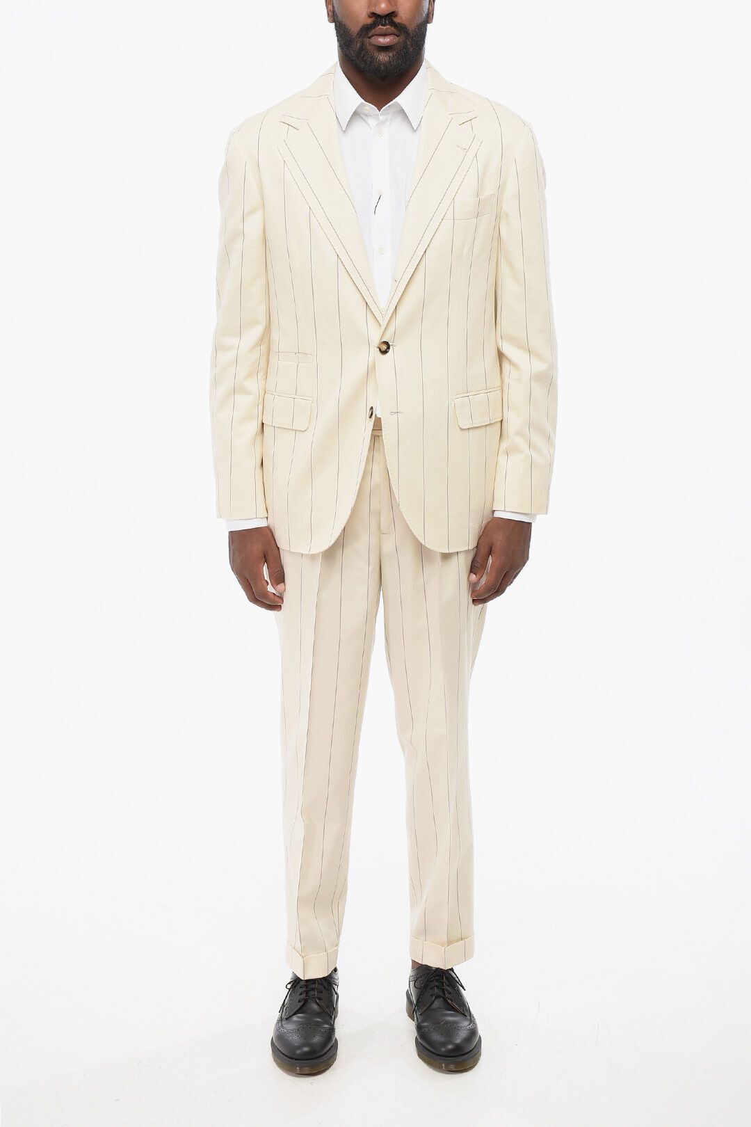 Brunello Cucinelli og1mm0725 Cotton and Wool Pinstriped Suit in Ivory Size US M / EU 48-50 / 2 - 1 Thumbnail