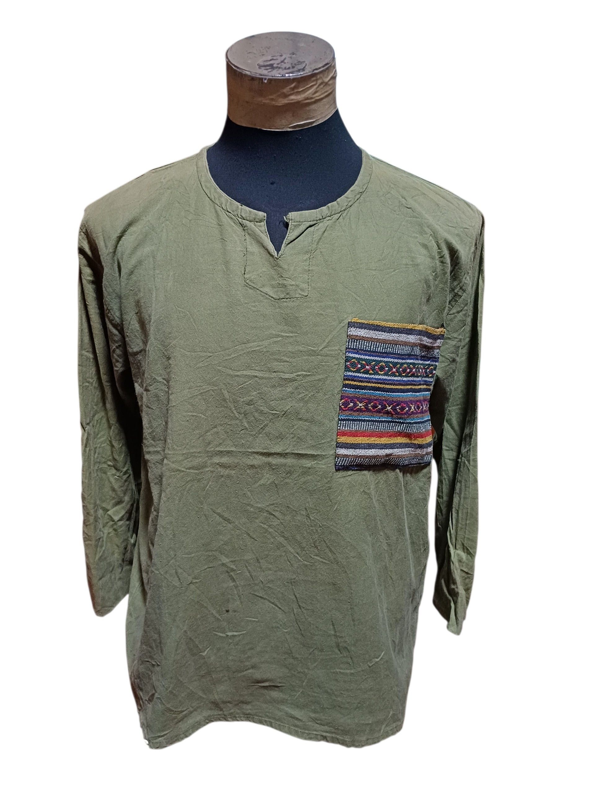 Japanese Brand Unisex Woven Cotton Shirt with Tribal Pocket in Green Size US L / EU 52-54 / 3 - 2 Thumbnail