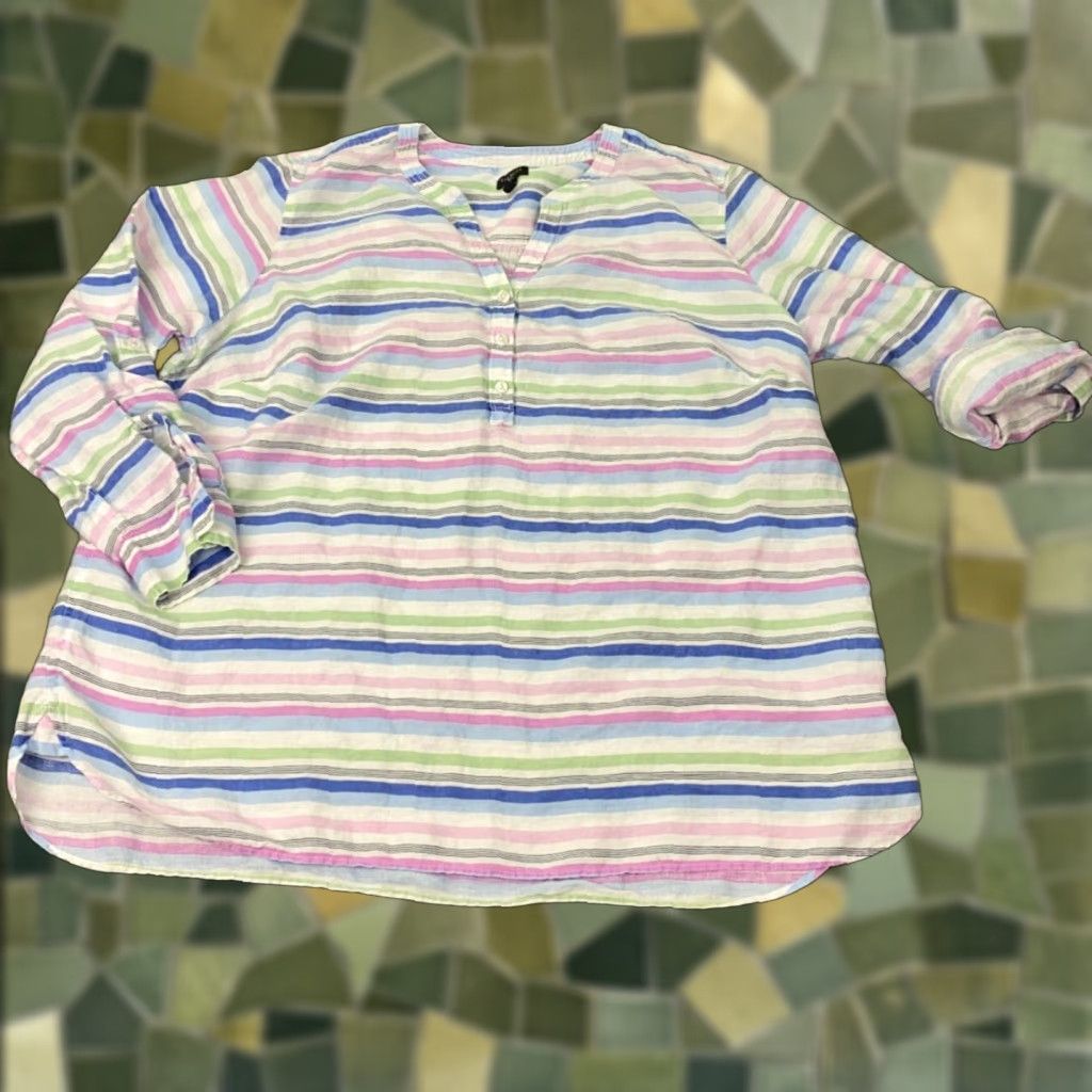 Talbots Talbots Linen Shirt Women 2X Pink Henley Striped Roll Tab 3/4 Sleeve Tunic Blouse | Plus Size | Linen Shirt Women Talbots Size XXL / US 16-18 / IT 52-54 - 1 Thumbnail