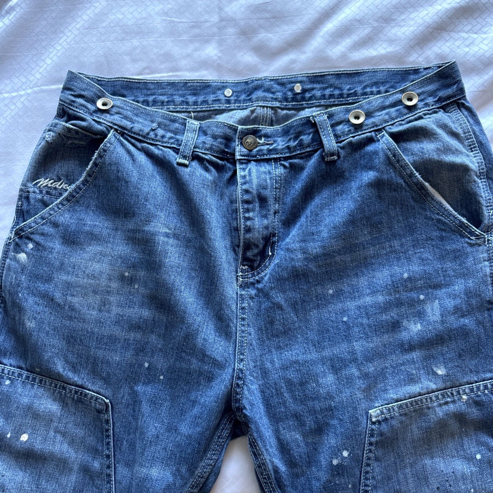 Doublet MDNS Madness Jeans Double Knee Faded Painted Distressed Suspenders Large Mens Jeans Distressed Blue 24in Inseam L Regular, Tapered, Pre-owned Size US 33 - 4 Thumbnail