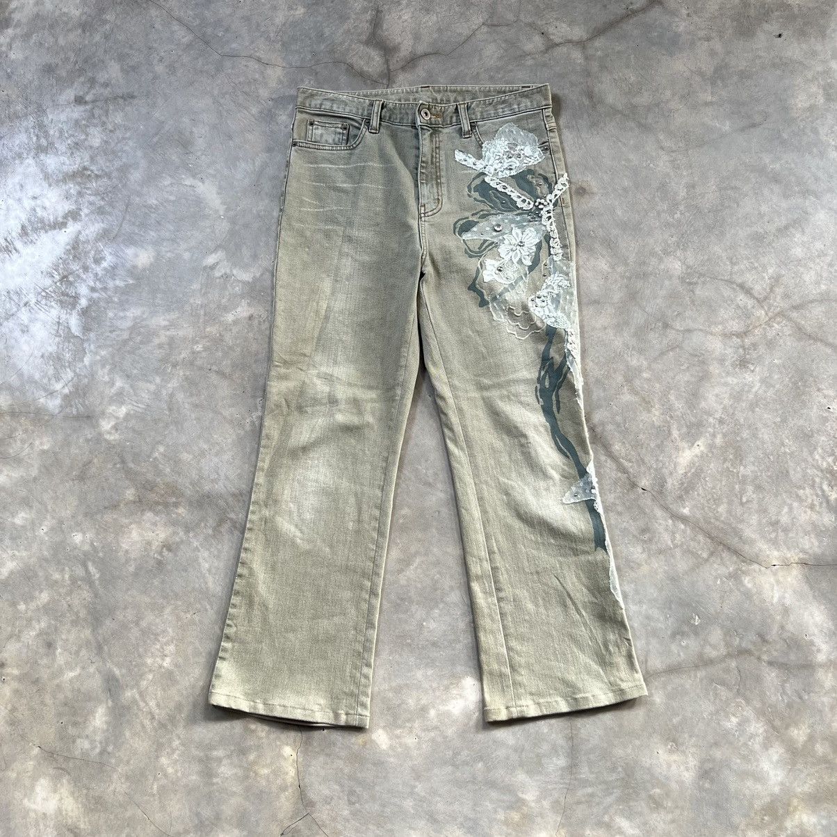 Japanese Brand Vintage D Azur Flared Swarovski Sage Green Jeans Size 30" / US 8 / IT 44 - 1 Thumbnail