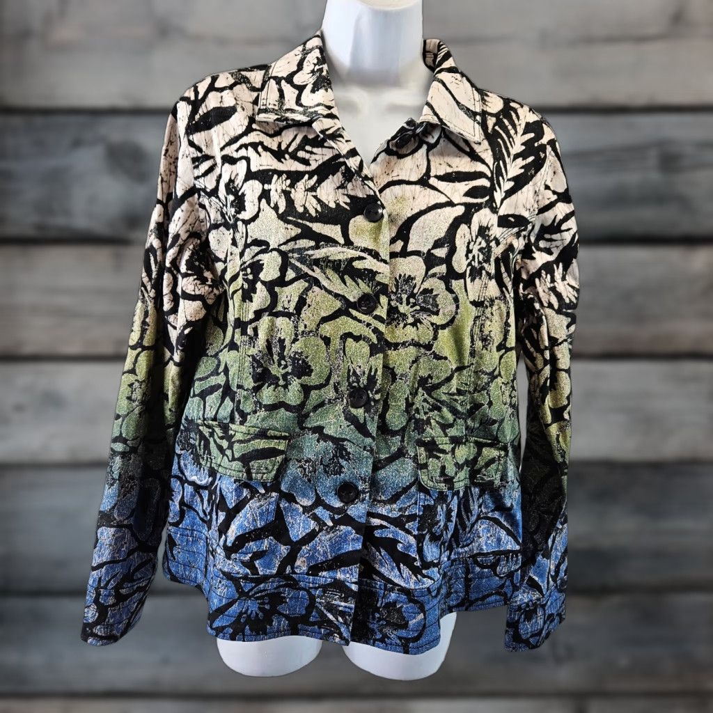 Vintage Chico's Women Jacket L Blue Floral Cotton Button Front Long Sleeve Size L / US 10 / IT 46 - 1 Thumbnail