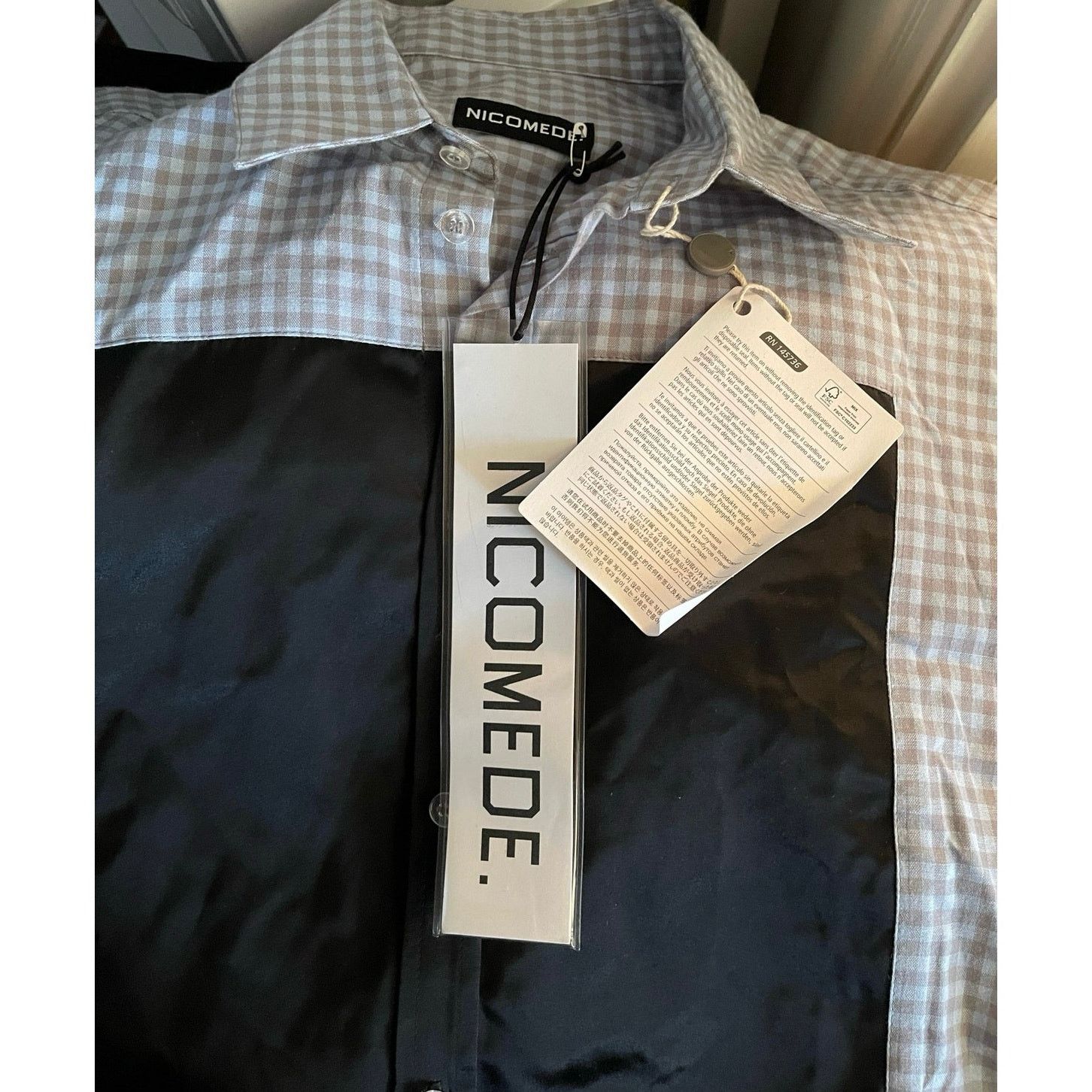 Nicomede Talavera Nicomede, Gingham Shirt with Satin Detail, NWT, Large Size US L / EU 52-54 / 3 - 4 Thumbnail
