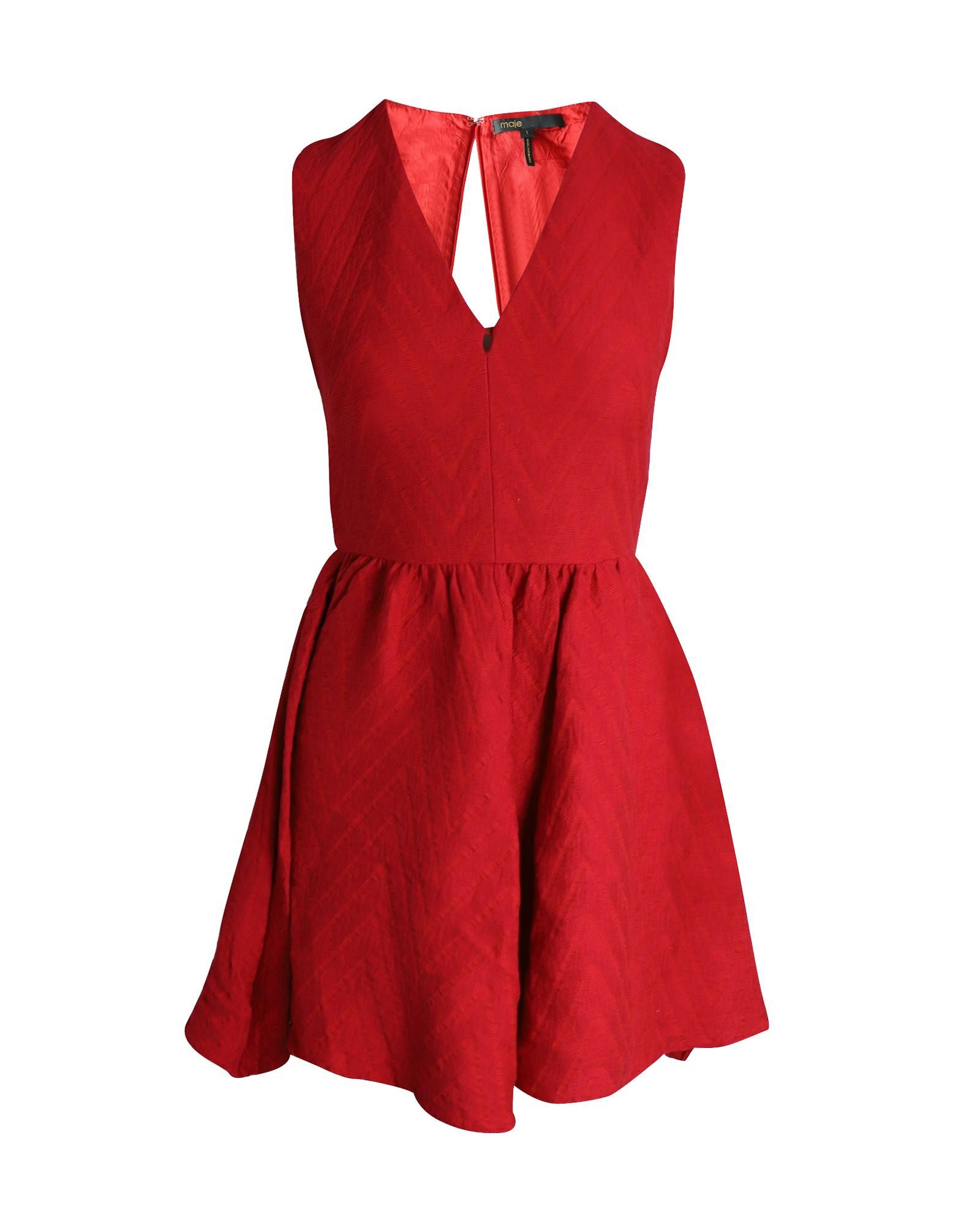 Image of Maje Flattering V-Neck Mini Dress In Textured Red Viscose, Women's (Size Small)