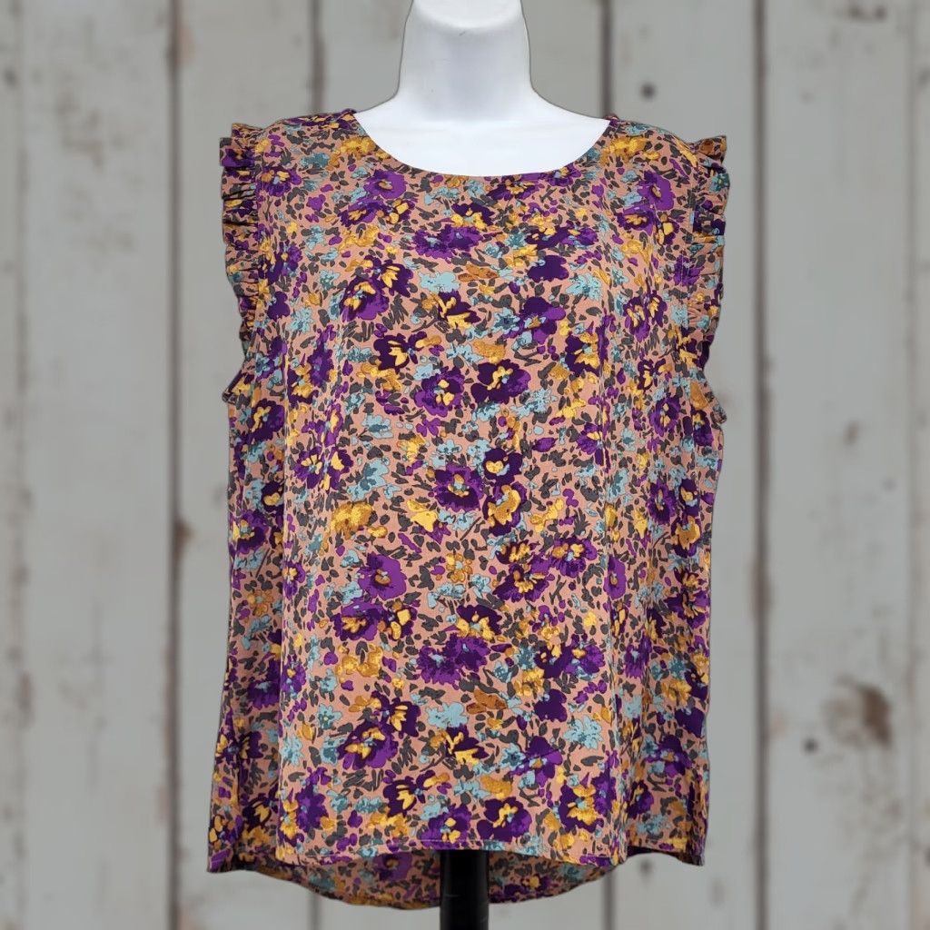 Vintage Jodifl Shirt Women's Sz Large Short Sleeve Purple Yellow Floral Print Top Blouse Size L / US 10 / IT 46 - 1 Thumbnail